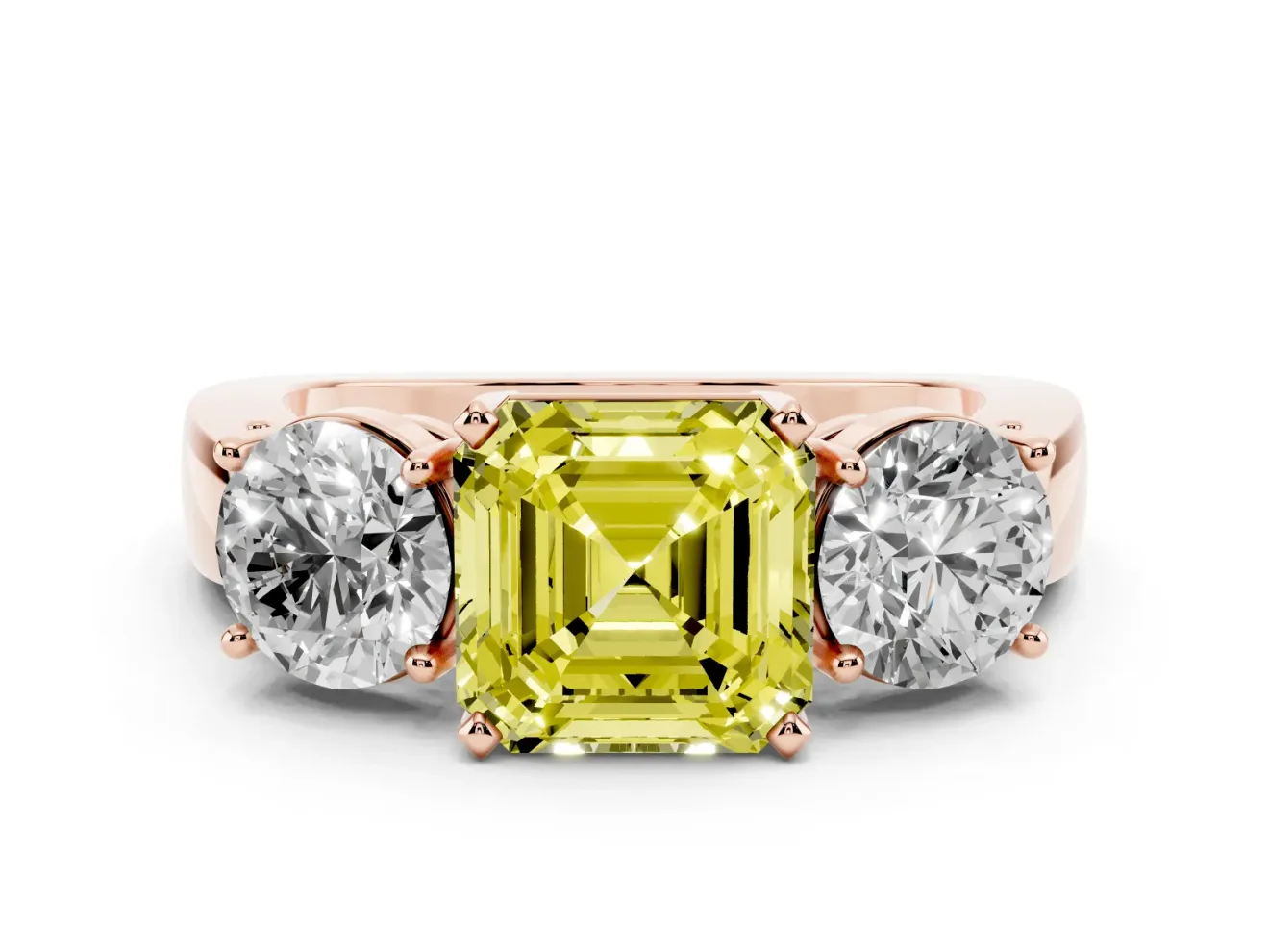 Asscher Cut Three Stone Engagement Ring Setting for a Fancy Yellow Lab-Grown Diamond | Wide Plain Band | Rose Gold