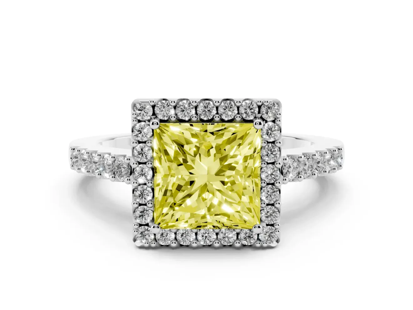 Fancy Yellow Princess Cut Diamond Halo Pavé Solitaire Ring Set in Platinum with Prong-Set Center Stone