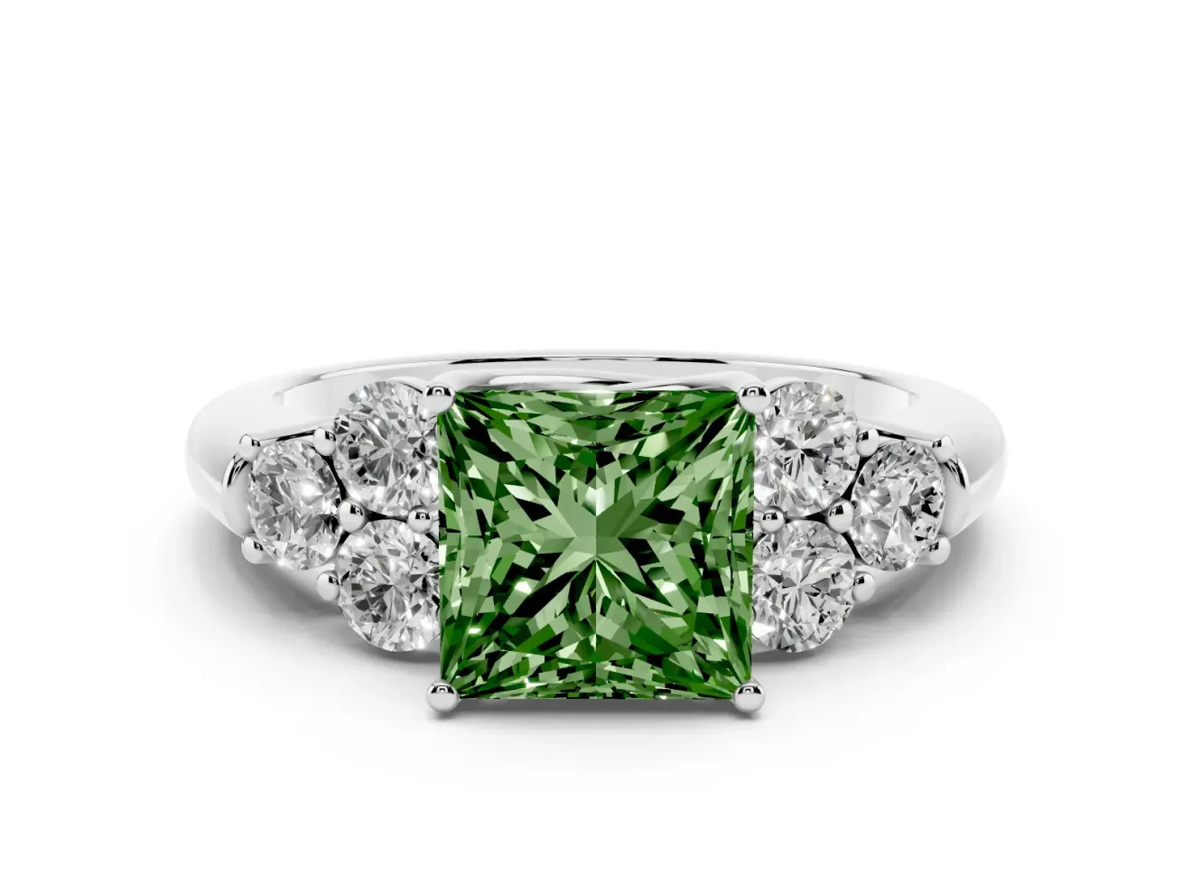 Fancy Green Princess Cut Diamond Cluster Ring Set in Silver with Round Accent Stones and Prong Setting on a Plain Band