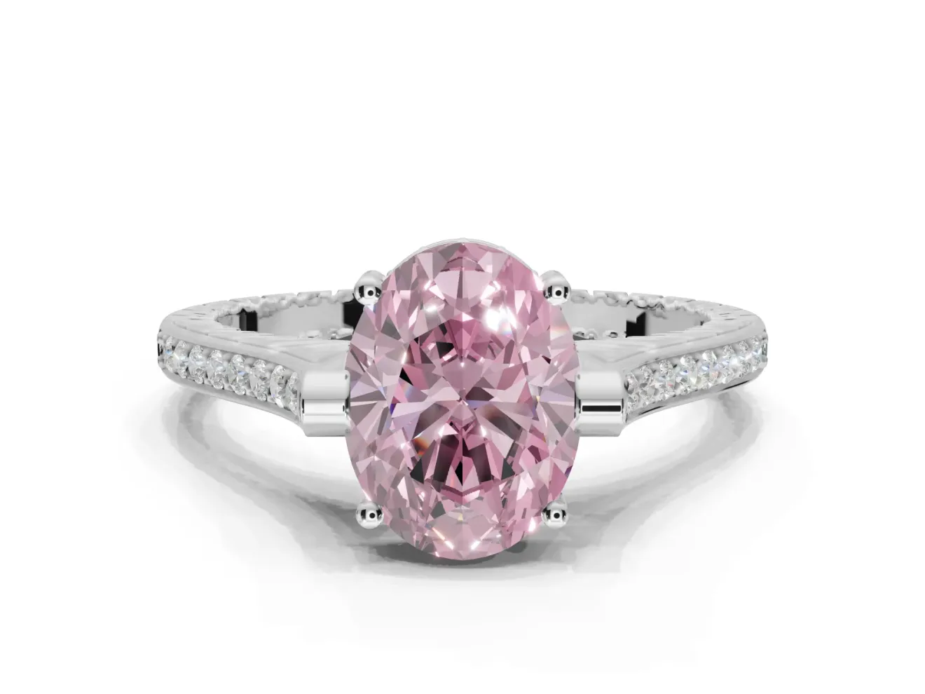 Oval Vintage Cathedral Engagement Ring Setting for a Fancy Pink Lab-Grown Diamond | Carved Band | White Gold