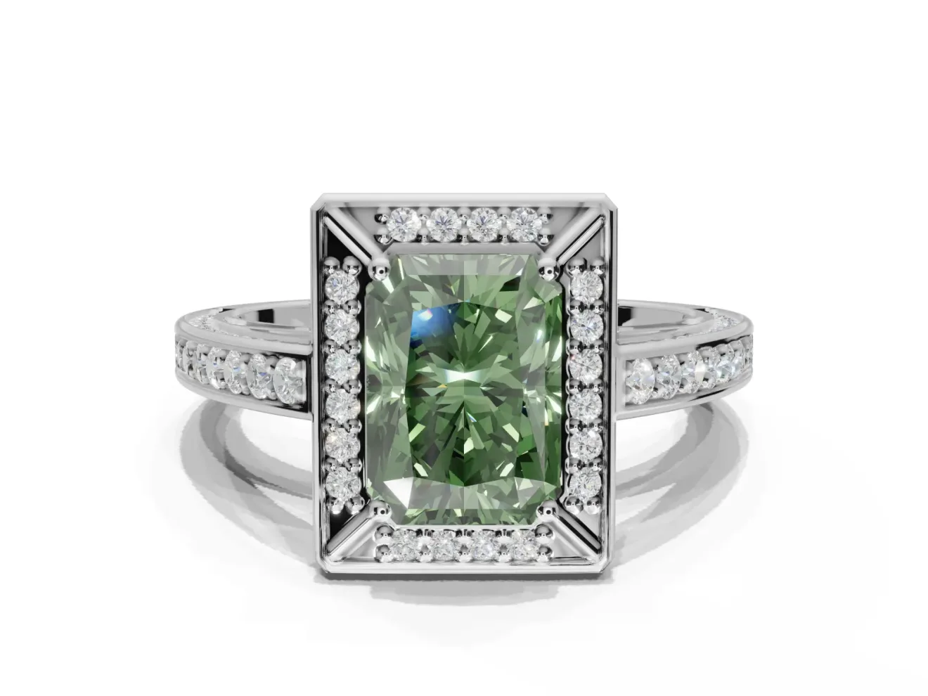 Radiant Cut Sectioned Halo Engagement Ring Setting for a Fancy Green Lab-Grown Diamond | White Gold