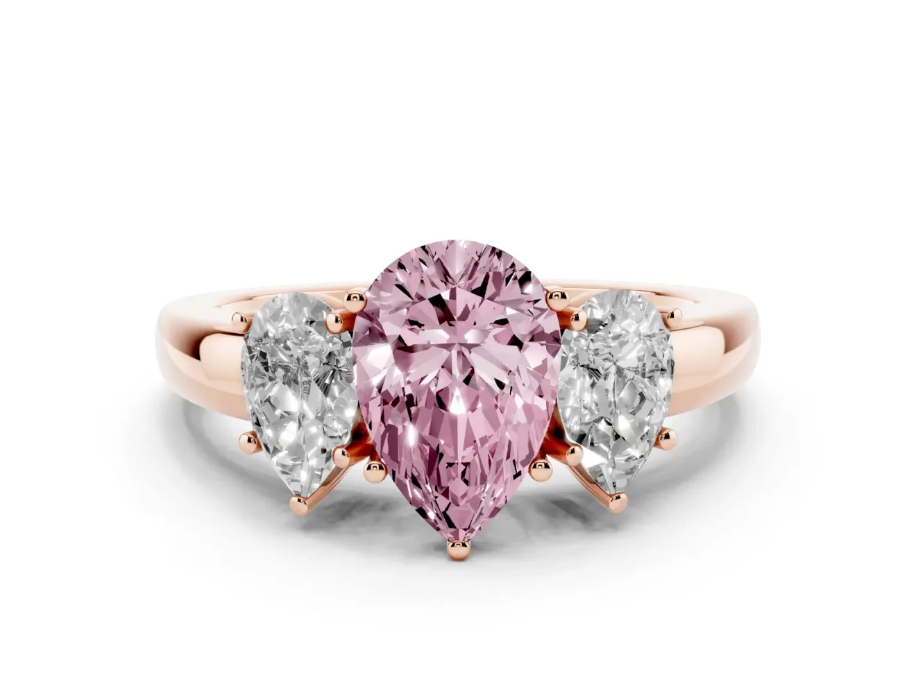 Pear-Shaped Three Stone Engagement Ring Setting for a Fancy Pink Lab-Grown Diamond | Matching Side Stones | Rose Gold
