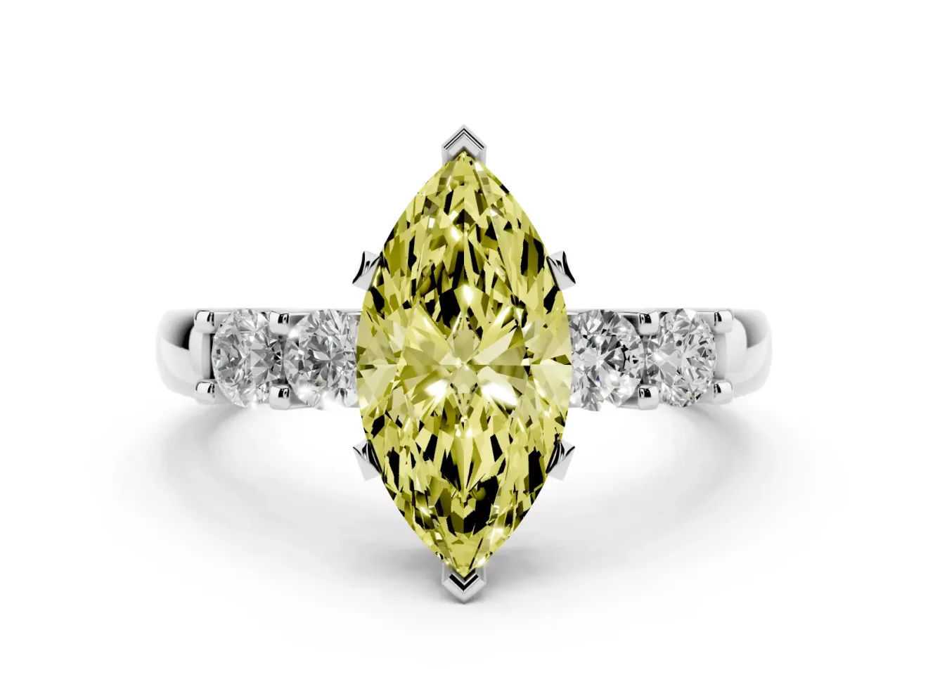 Fancy Yellow Marquise Cut Diamond Five-Stone Prong Set Engagement Ring Set in Platinum with Channel Band