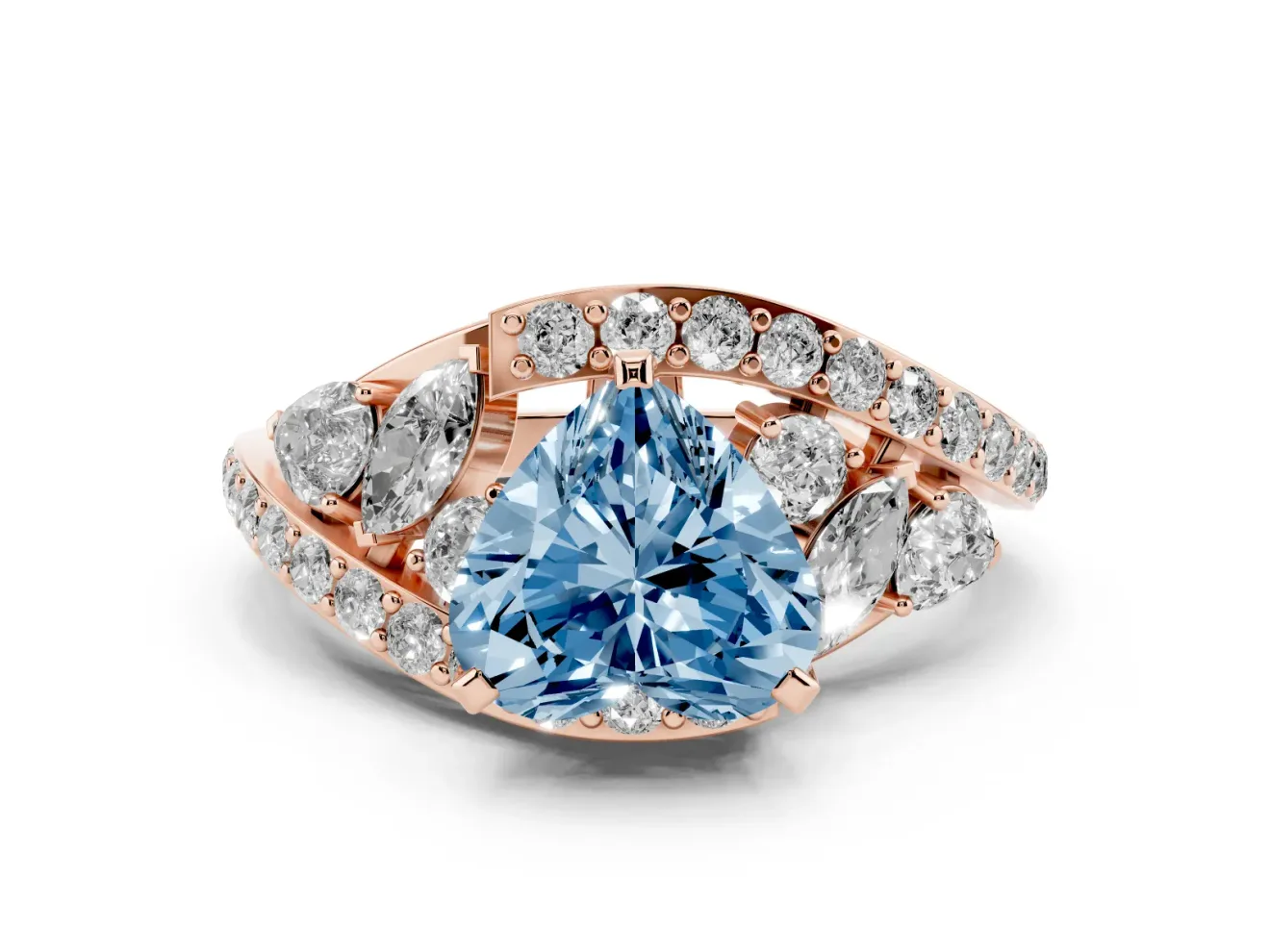 Fancy Blue Heart Cut Diamond Halo Ring Set in Rose gold with Marquise and Pavé Band in Prong Setting