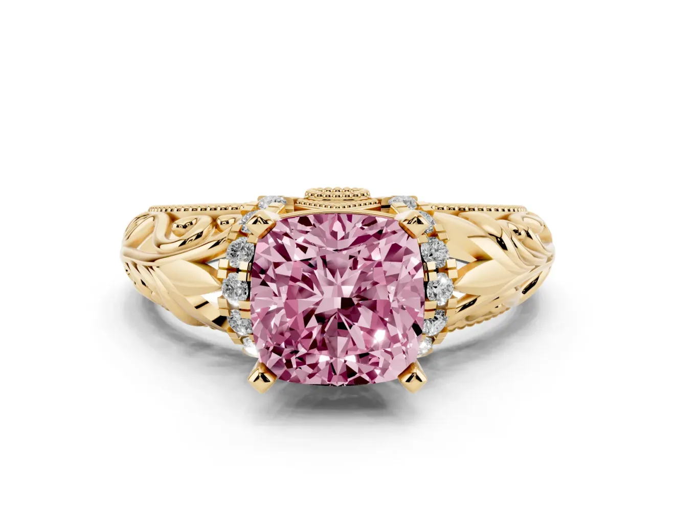 Fancy Pink Cushion Cut Diamond Filigree Halo Engagement Ring Set in Yellow gold with Prong Setting
