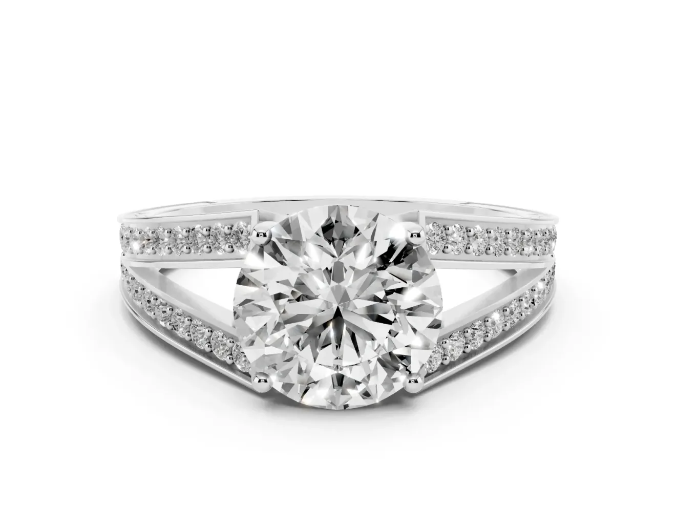 Round Cut Diamond Split Shank Ring Set in White gold with Pavé Band and Prong Setting