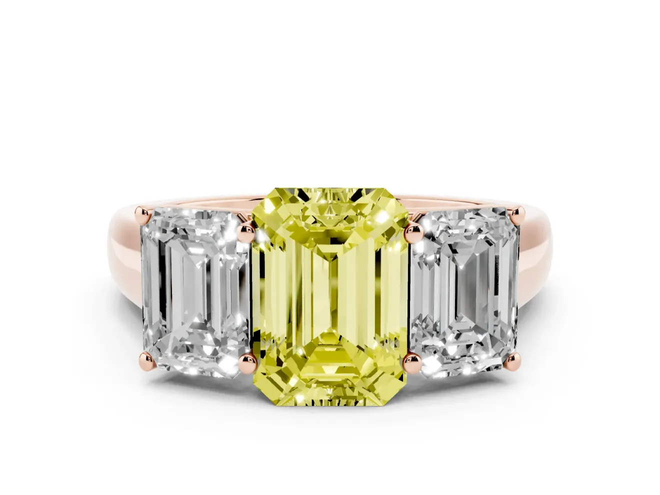 Emerald Cut Three Stone Engagement Ring Setting for a Fancy Yellow Lab-Grown Diamond | Basket Prong Heads | Rose Gold