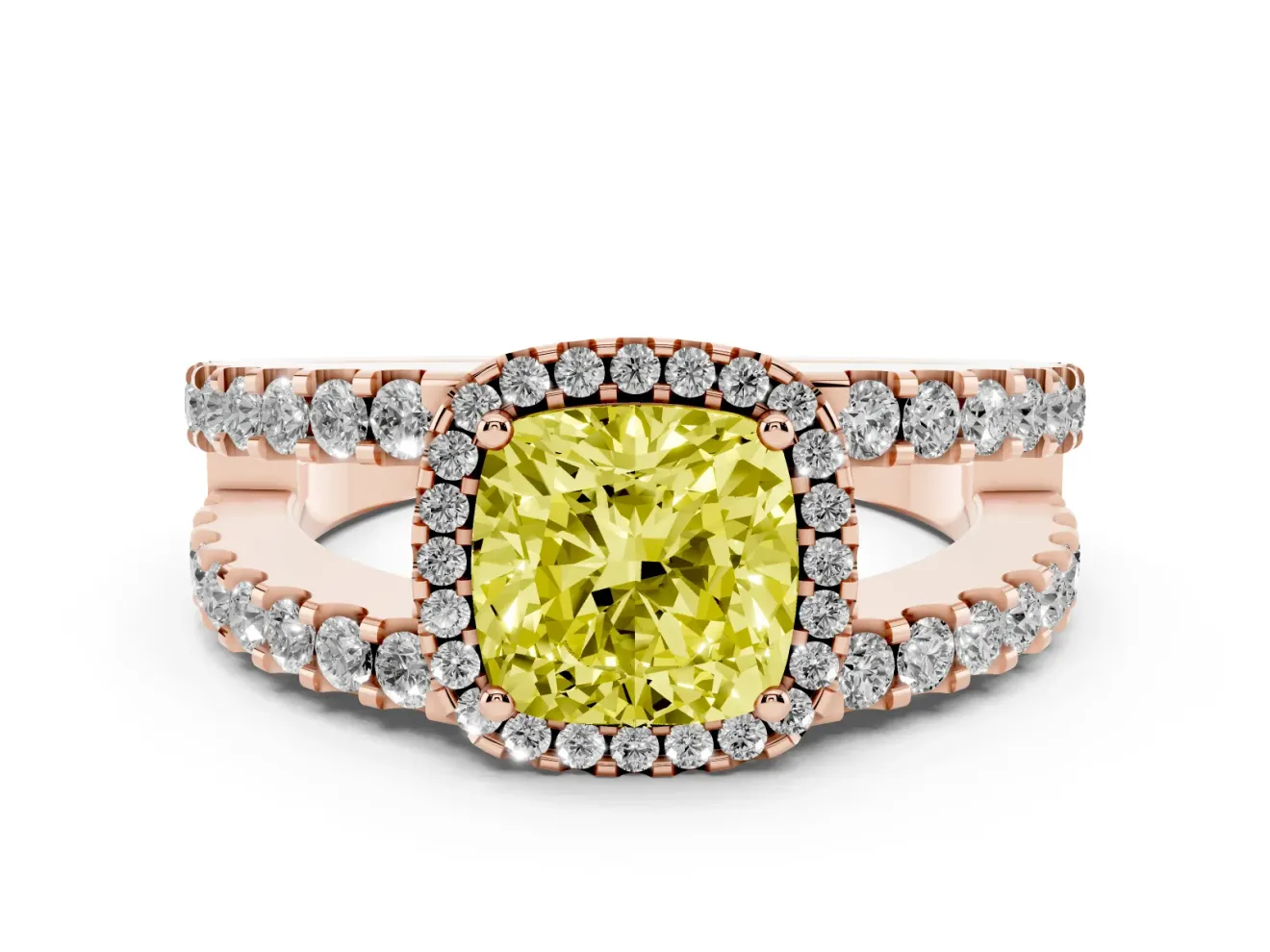 Fancy Yellow Cushion Cut Diamond Halo Ring Set in Rose gold with Pavé Split Shank and Prong Setting