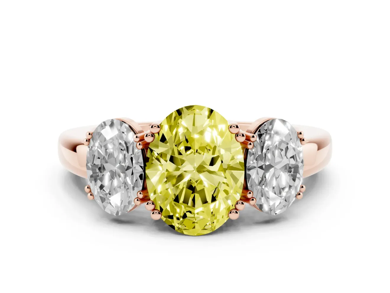 Fancy Yellow Oval Cut Diamond Three-Stone Ring Set in Rose gold with Polished Band and Prong Setting