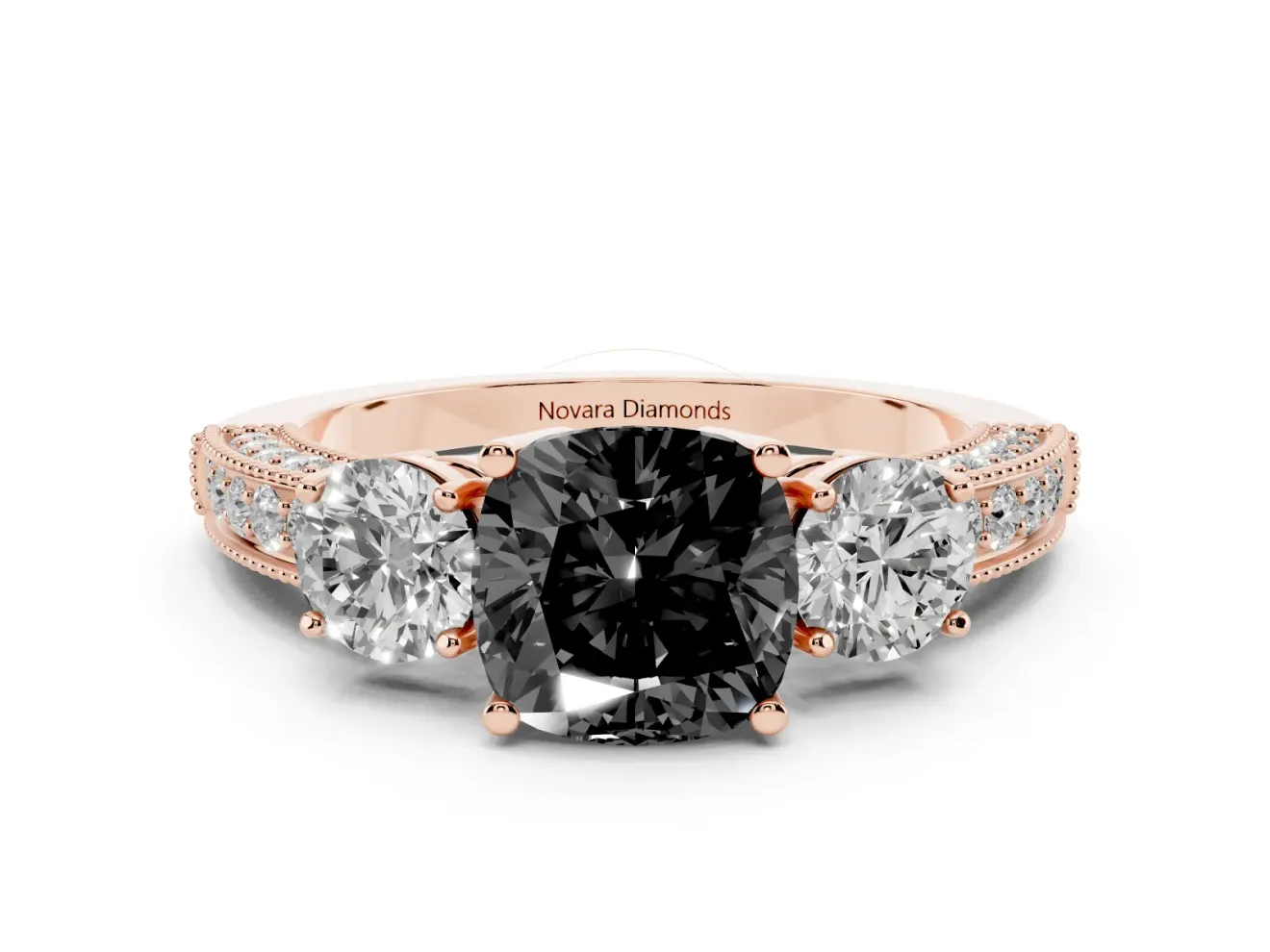 Cushion Cut Three Stone Engagement Ring Setting for a Black Center | Graduated Pavé Band | Rose Gold