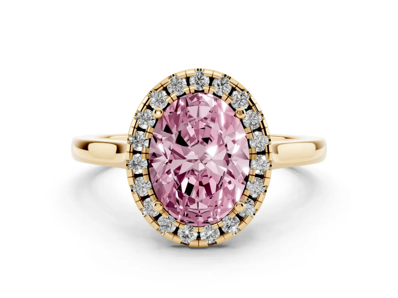 Fancy Pink Oval Cut Halo Round Diamond Solitaire Ring Set in Yellow gold with Pavé Band and Prong Setting