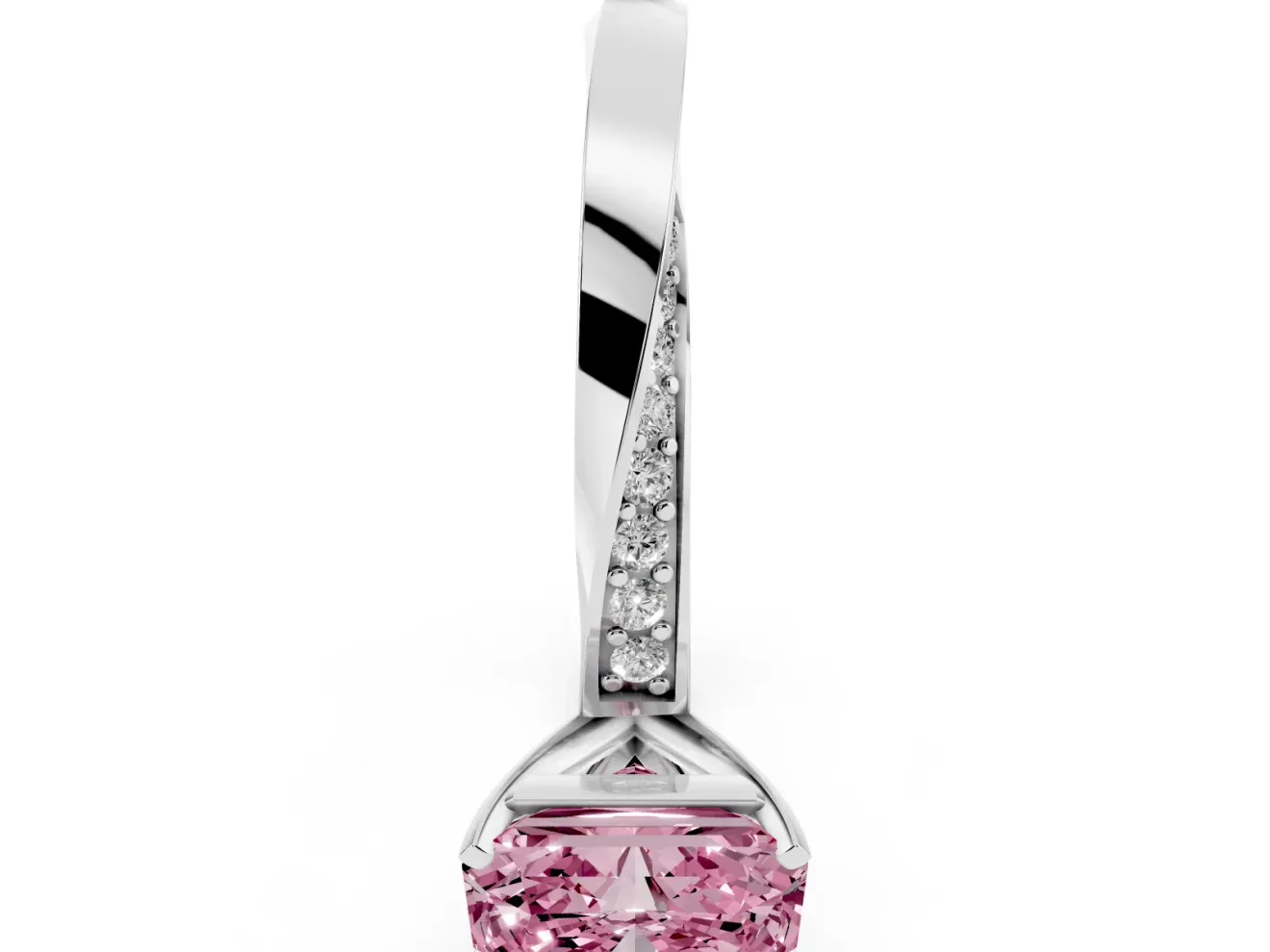 Fancy Pink Radiant Cut Diamond Engagement Ring Set in Platinum with Side Stone Accents and Prong Setting