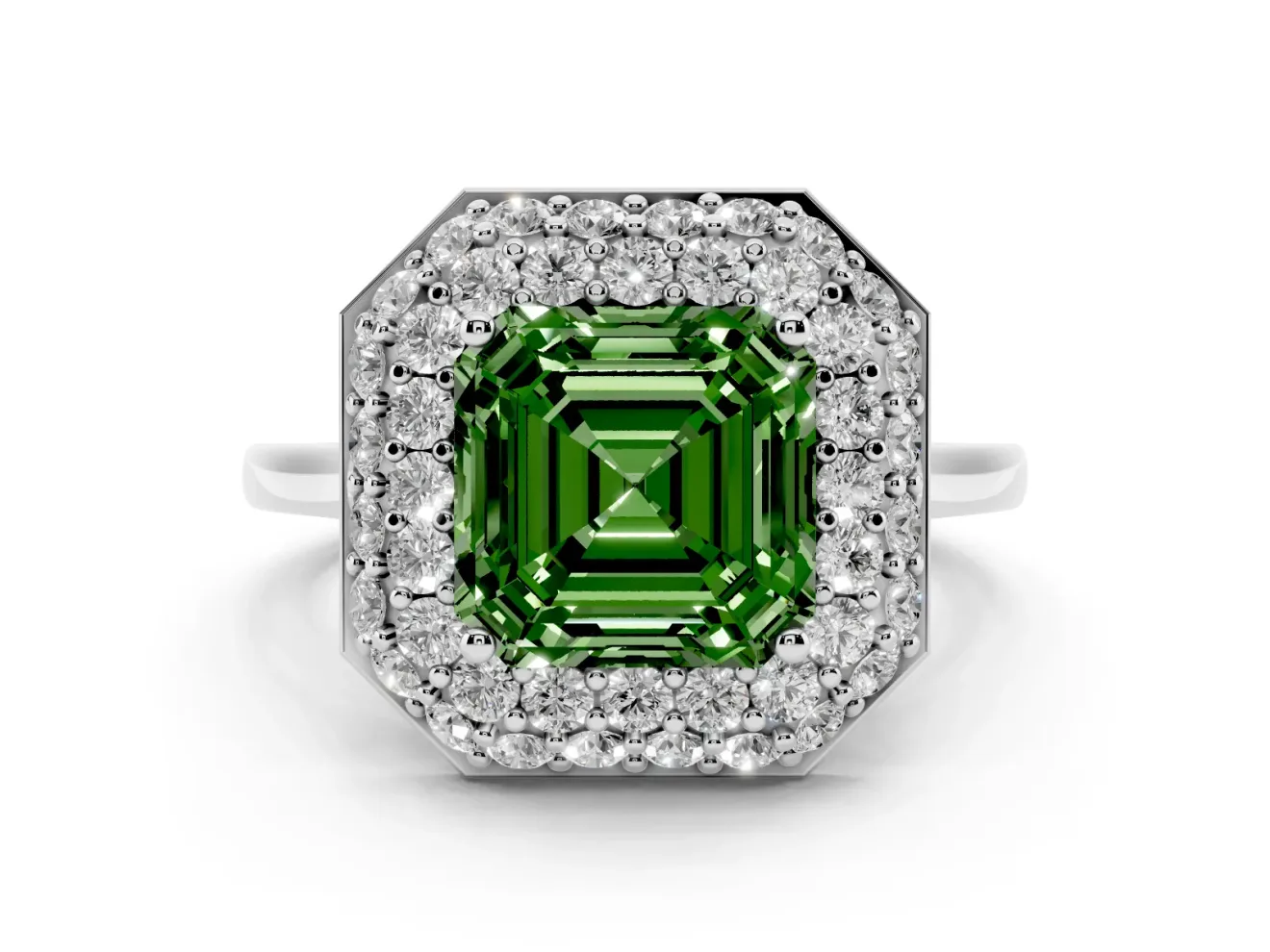 Fancy Green Asscher Cut Diamond Halo Engagement Ring Set in White gold with Solitaire Band and Prong Setting