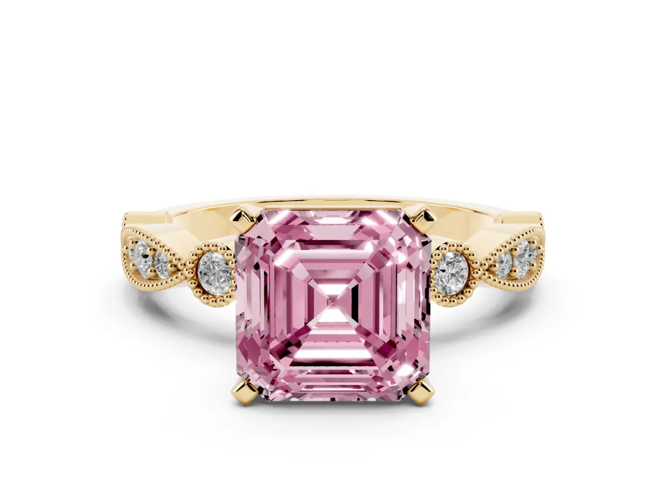 Fancy Pink Asscher Cut Diamond Solitaire Engagement Ring Set in Yellow gold with Milgrain Bezel Accent Band