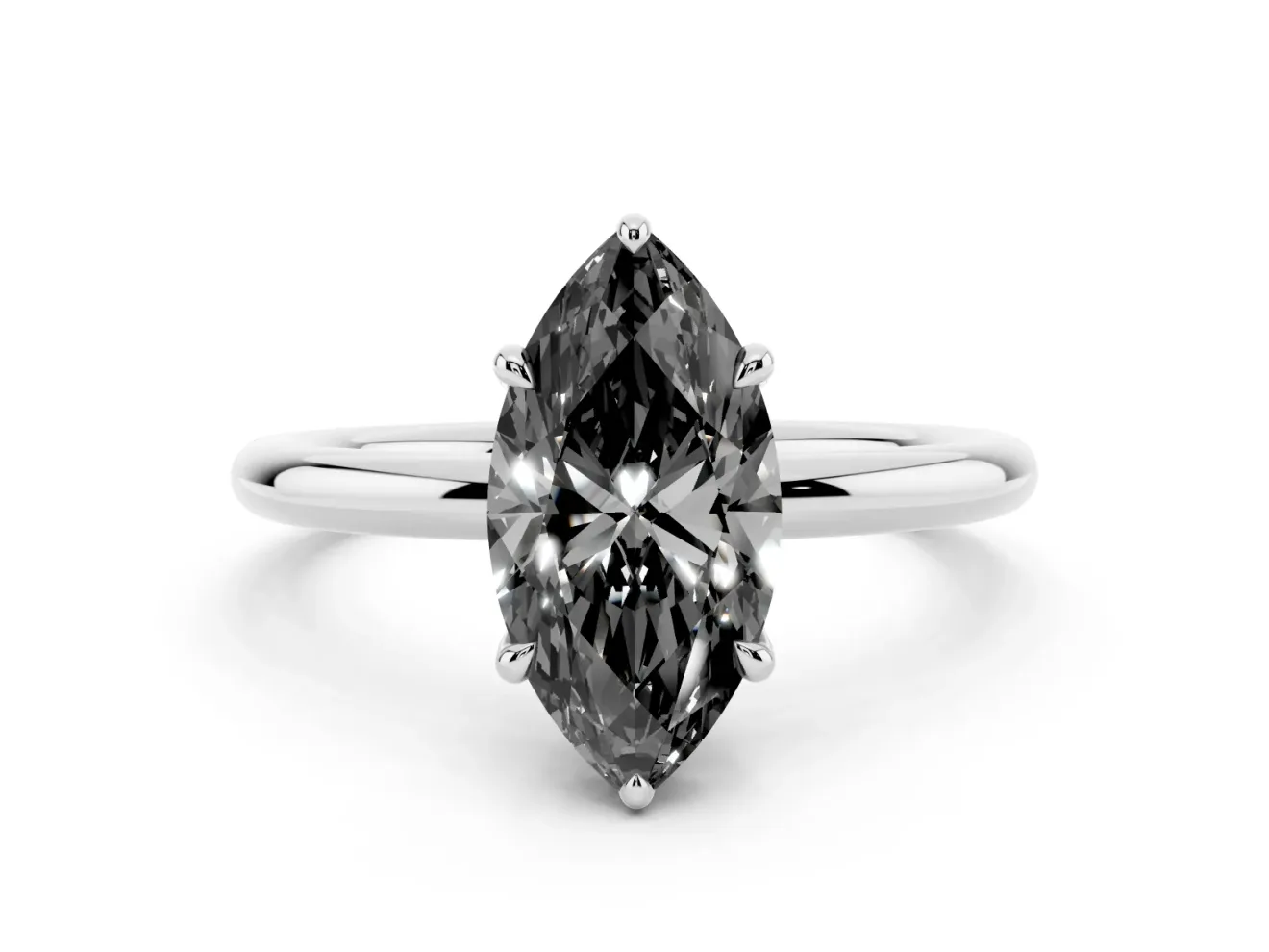 Fancy Black Marquise Cut Diamond Solitaire Ring Set in White gold with Thin Band and Prong Setting