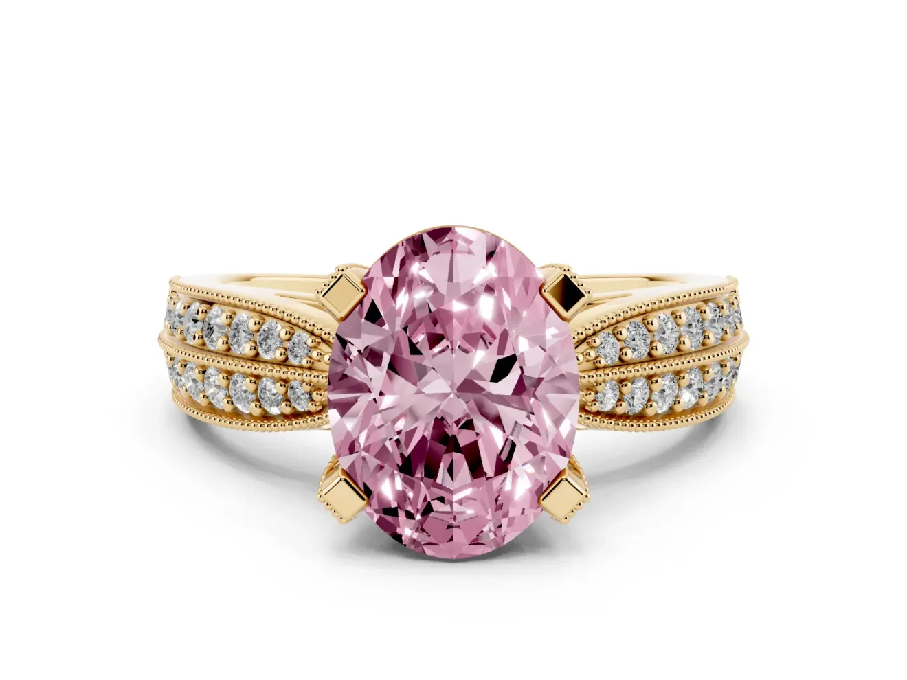 Fancy Pink Oval Cut Diamond Solitaire Ring Set in Yellow gold with Milgrain Double Row Round Pavé Band