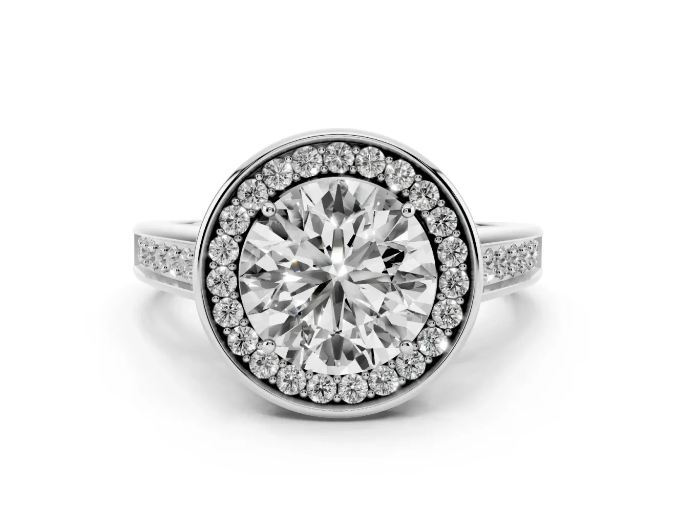 Round Cut Diamond Halo Solitaire Ring Set in White gold with Pavé Band and Bezel Setting