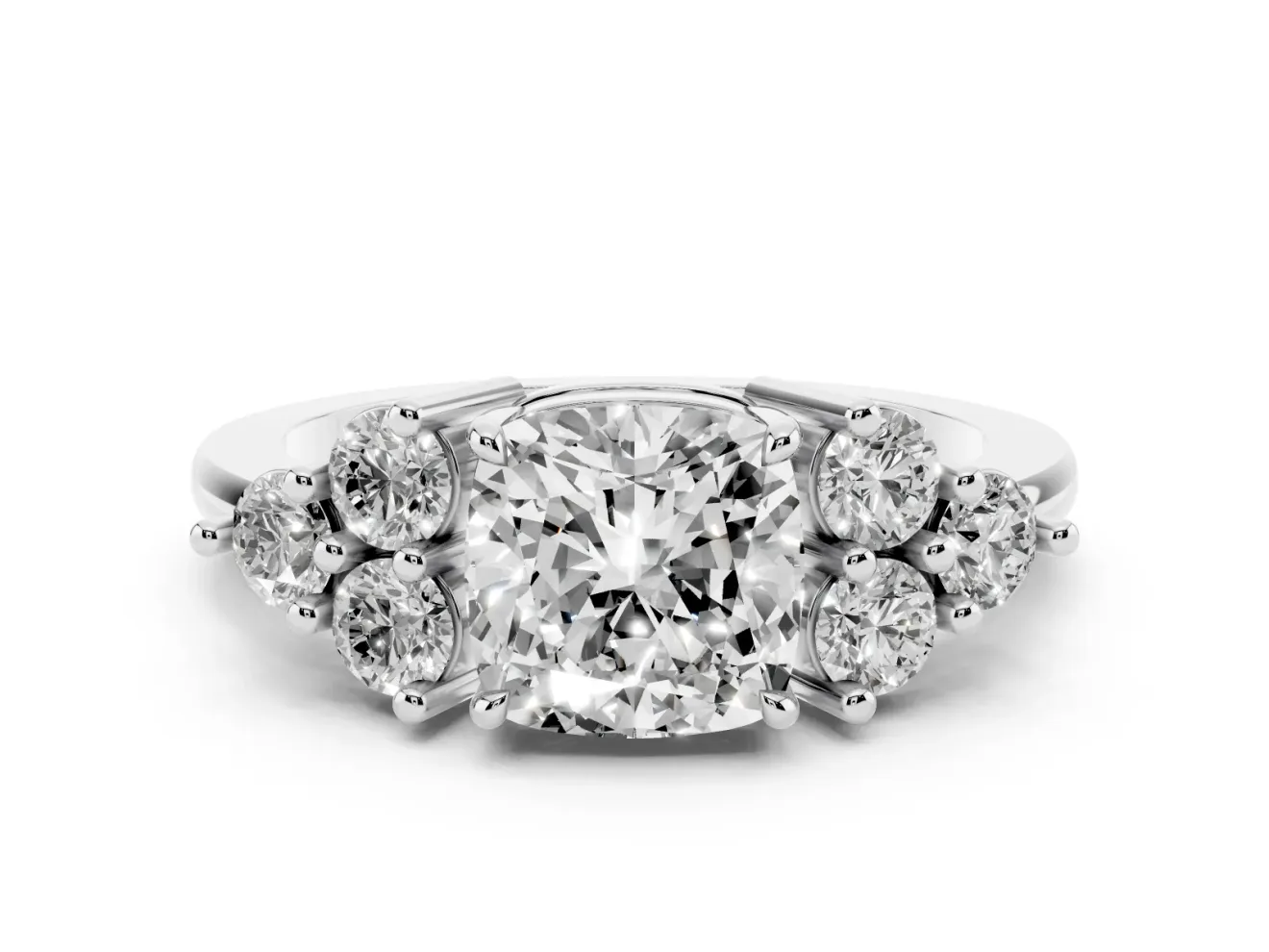 Cushion Cut Cluster Side Stone Engagement Ring Setting | Plain Band | White Gold