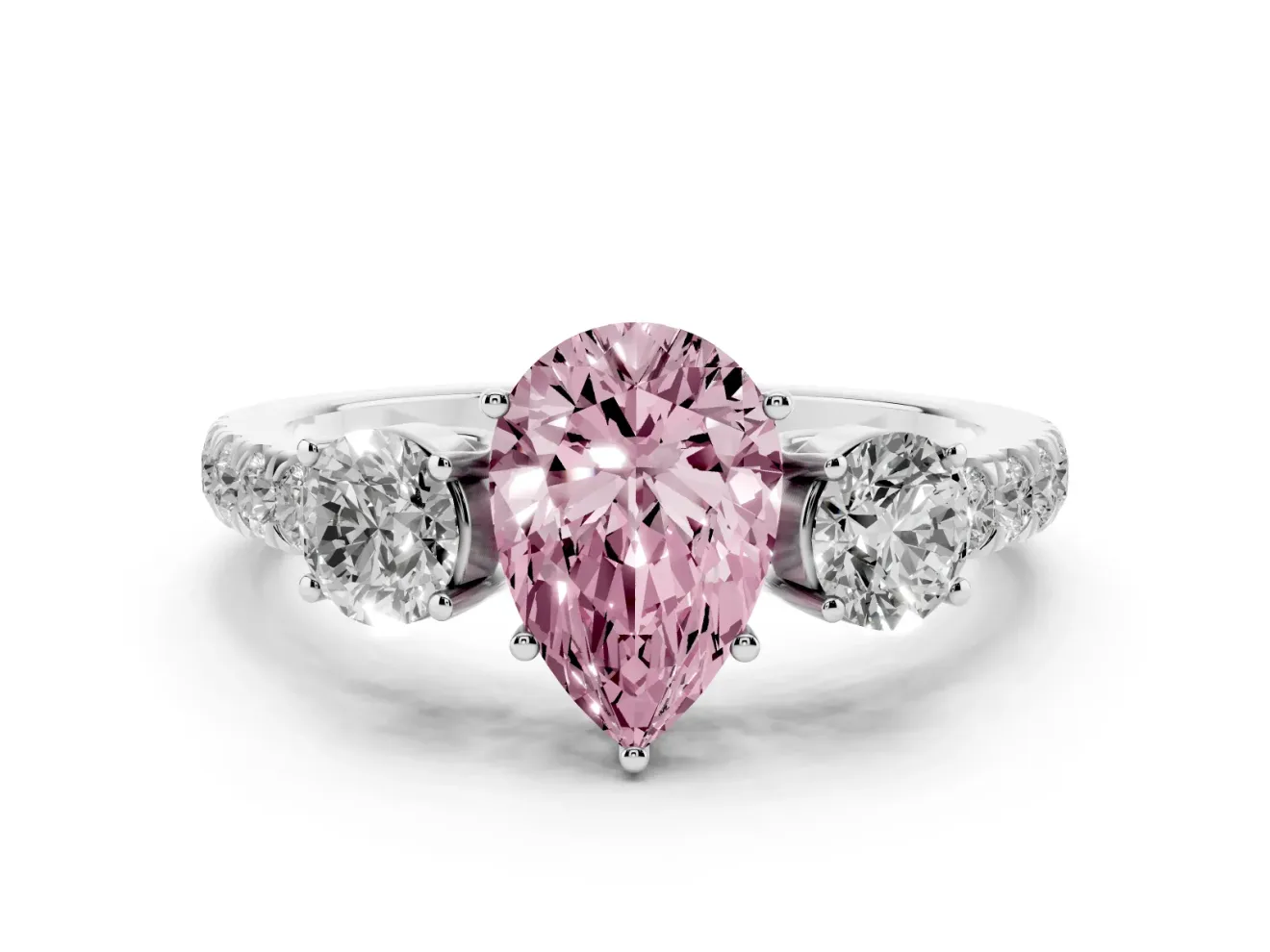 Pear-Shaped Three Stone Engagement Ring Setting for a Fancy Pink Lab-Grown Diamond | Pave Shoulders | Sterling Silver