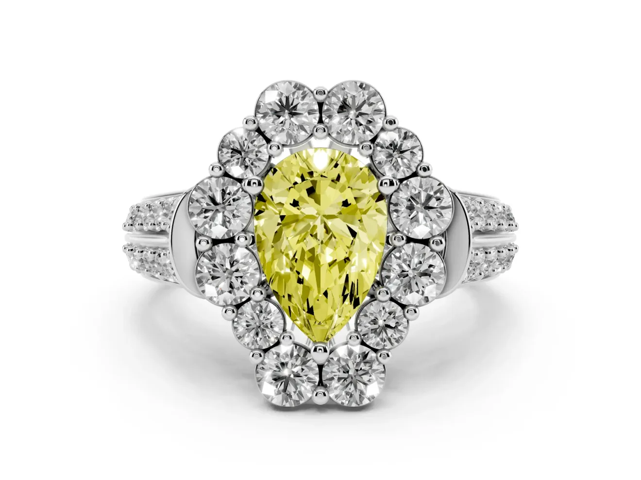 Fancy Yellow Pear Cut Diamond Halo Engagement Ring Set in Platinum with Split Shank and Prong Setting