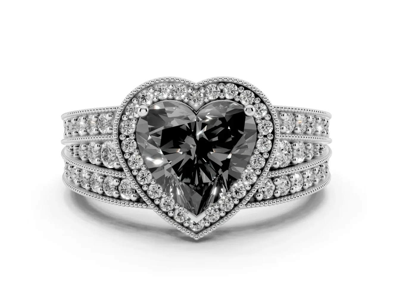 Fancy Black Heart Cut Diamond Halo Ring Set in Silver with Accent Split Shank and Prong Setting
