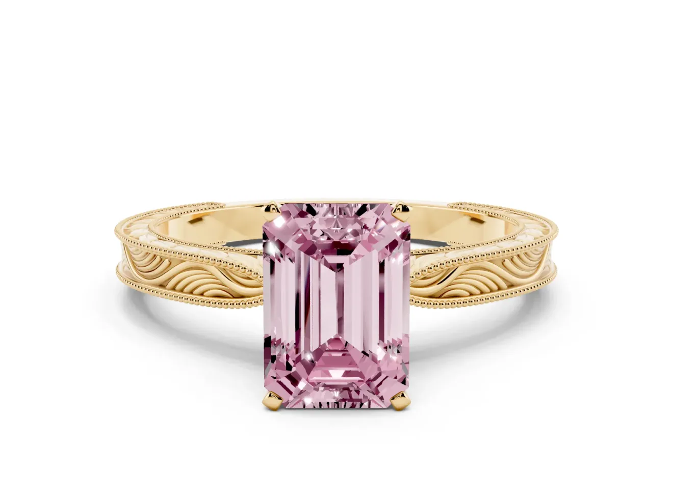 Emerald Cut Engraved Engagement Ring Setting for a Fancy Pink Lab-Grown Diamond | Yellow Gold