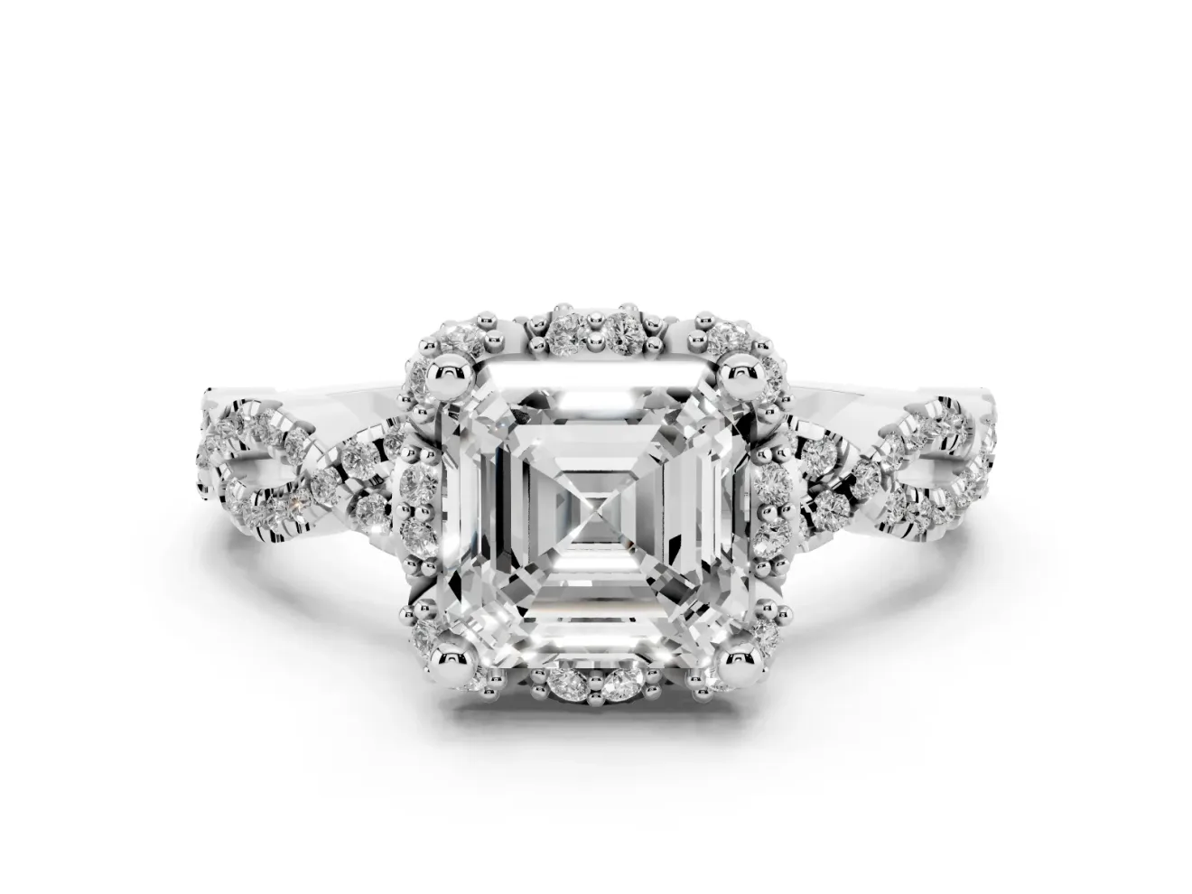 Asscher Cut Diamond Halo Twist Band Solitaire Ring Set in White gold with Prong-Set Center Stone