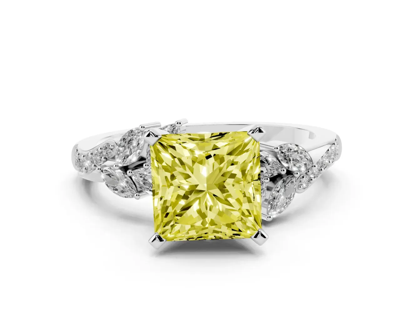 Fancy Yellow Princess Cut Diamond Solitaire Ring Set in Platinum with Marquise Twist Band and Prong Setting