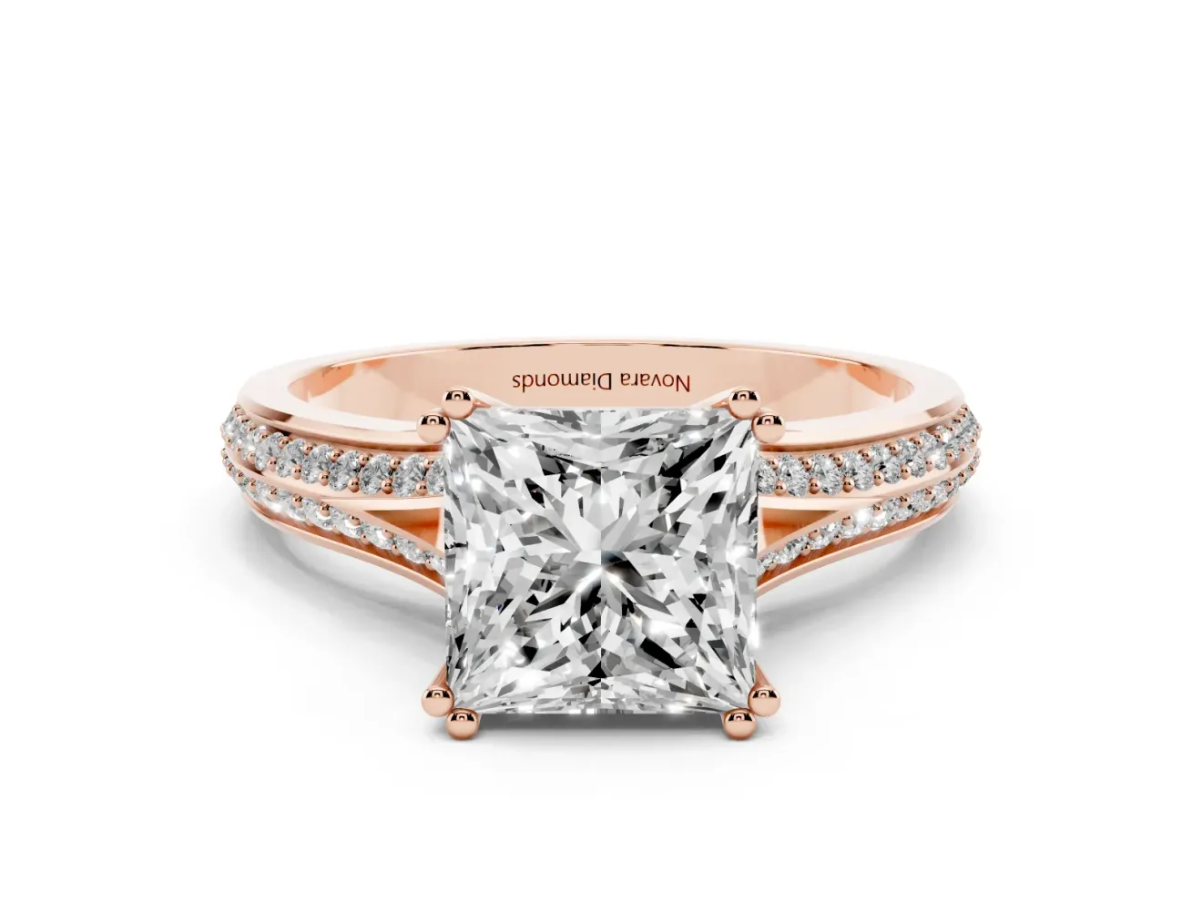 Princess Cut Pave Split Shank Engagement Ring Setting | Double Claw Prongs | Rose Gold