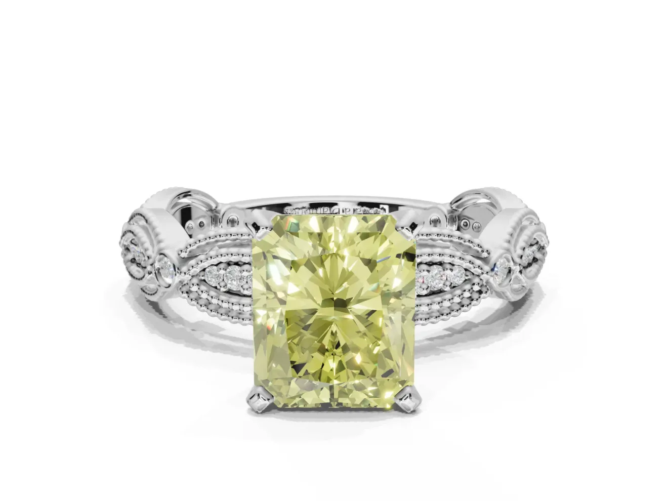 Radiant Cut Vintage Engagement Ring Setting for a Fancy Yellow Lab-Grown Diamond | Graduated Stations | Platinum