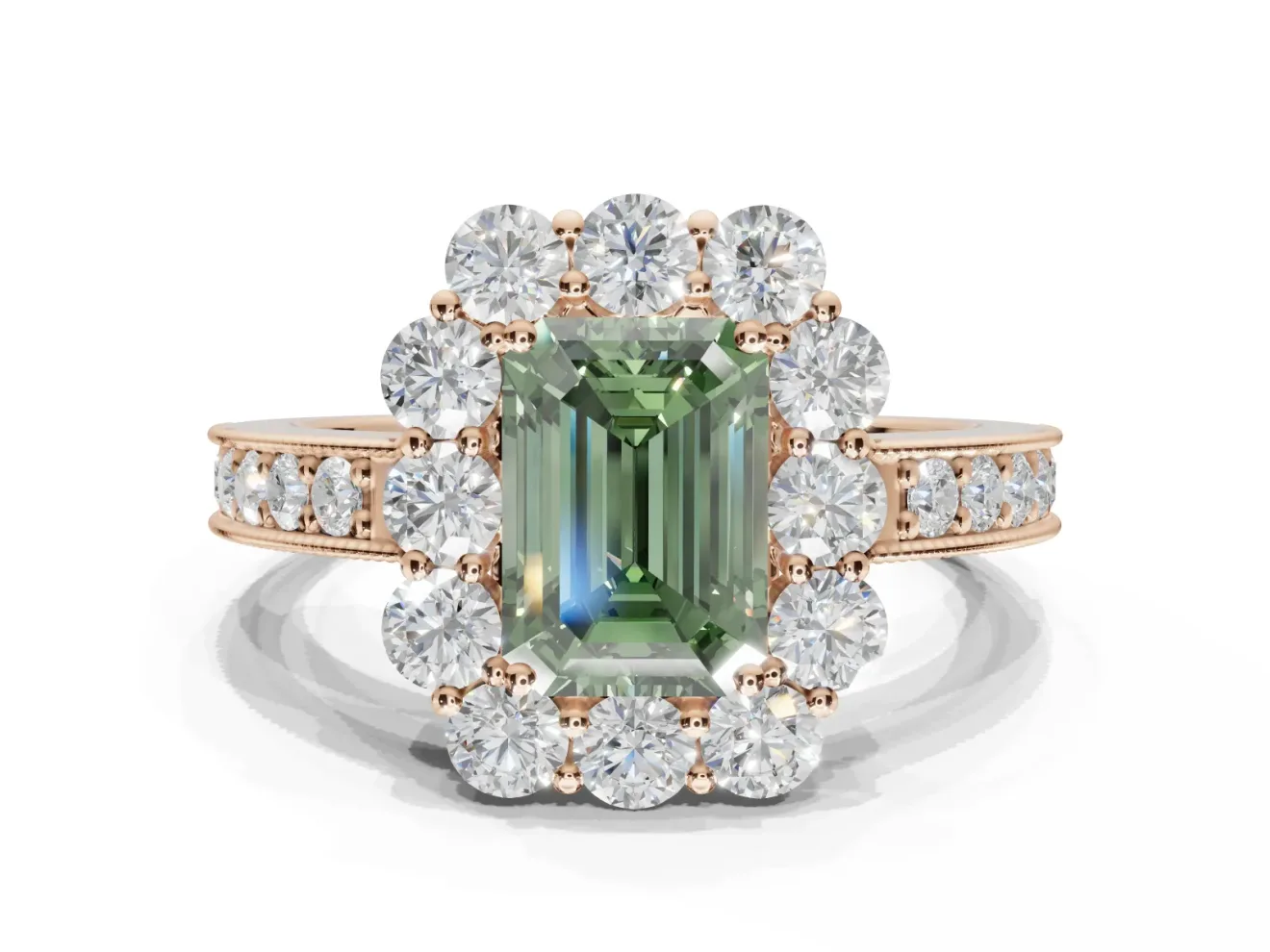 Emerald Cut Vintage Halo Engagement Ring Setting for a Fancy Green Lab-Grown Diamond | Rose Gold