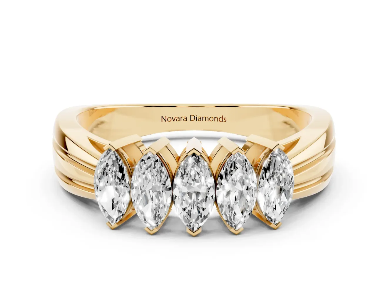 Five-Stone Marquise Diamond Split Shank Ring Set in Yellow gold with Shared Prong Setting