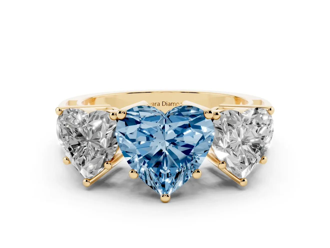 Heart-Shaped Three Stone Engagement Ring Setting for a Fancy Blue Lab-Grown Diamond | Beaded Shoulders | Yellow Gold
