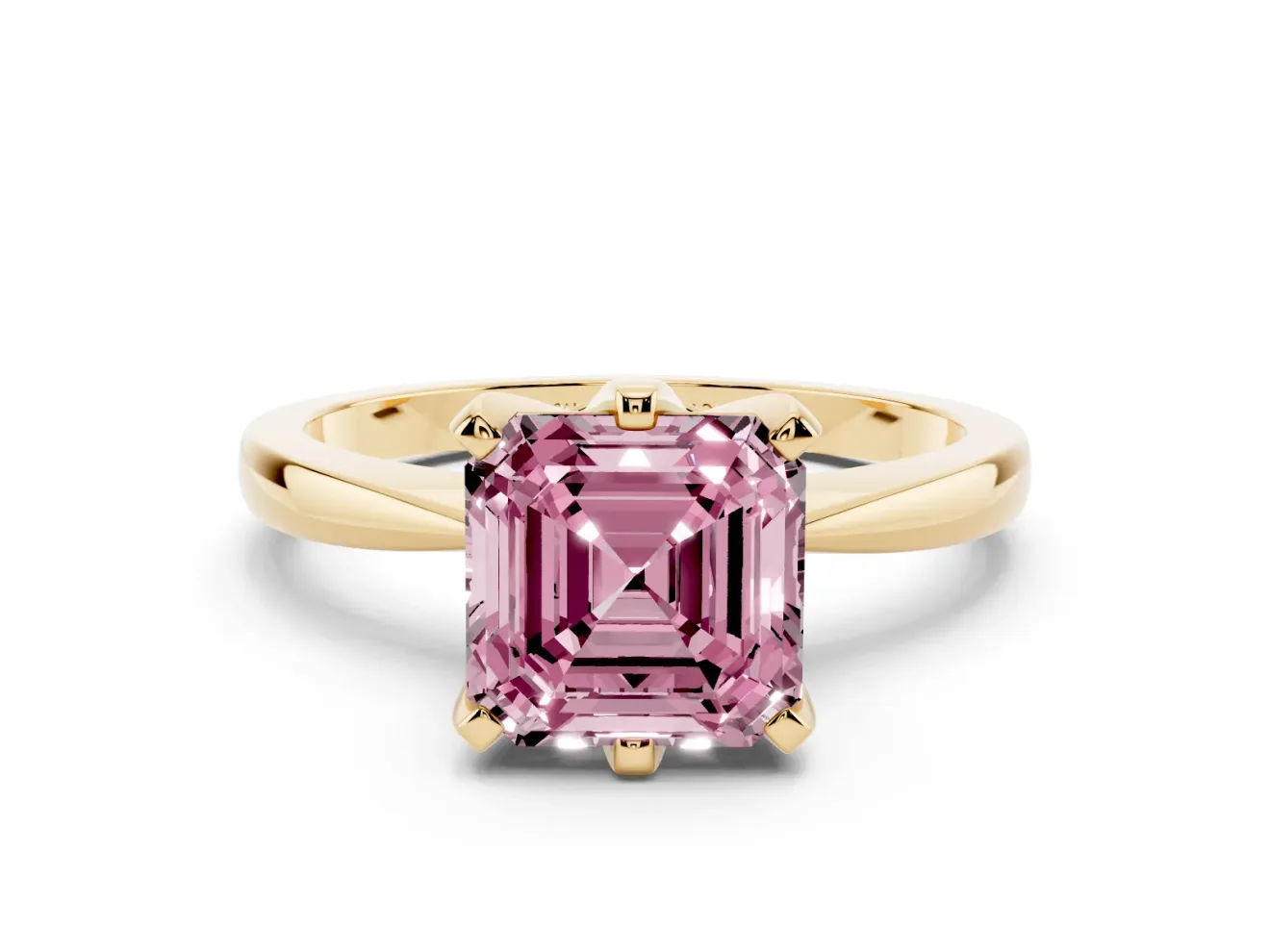 Fancy Pink Asscher Cut Diamond Solitaire Engagement Ring Set in Yellow gold with Slim Tapered Solitaire Band