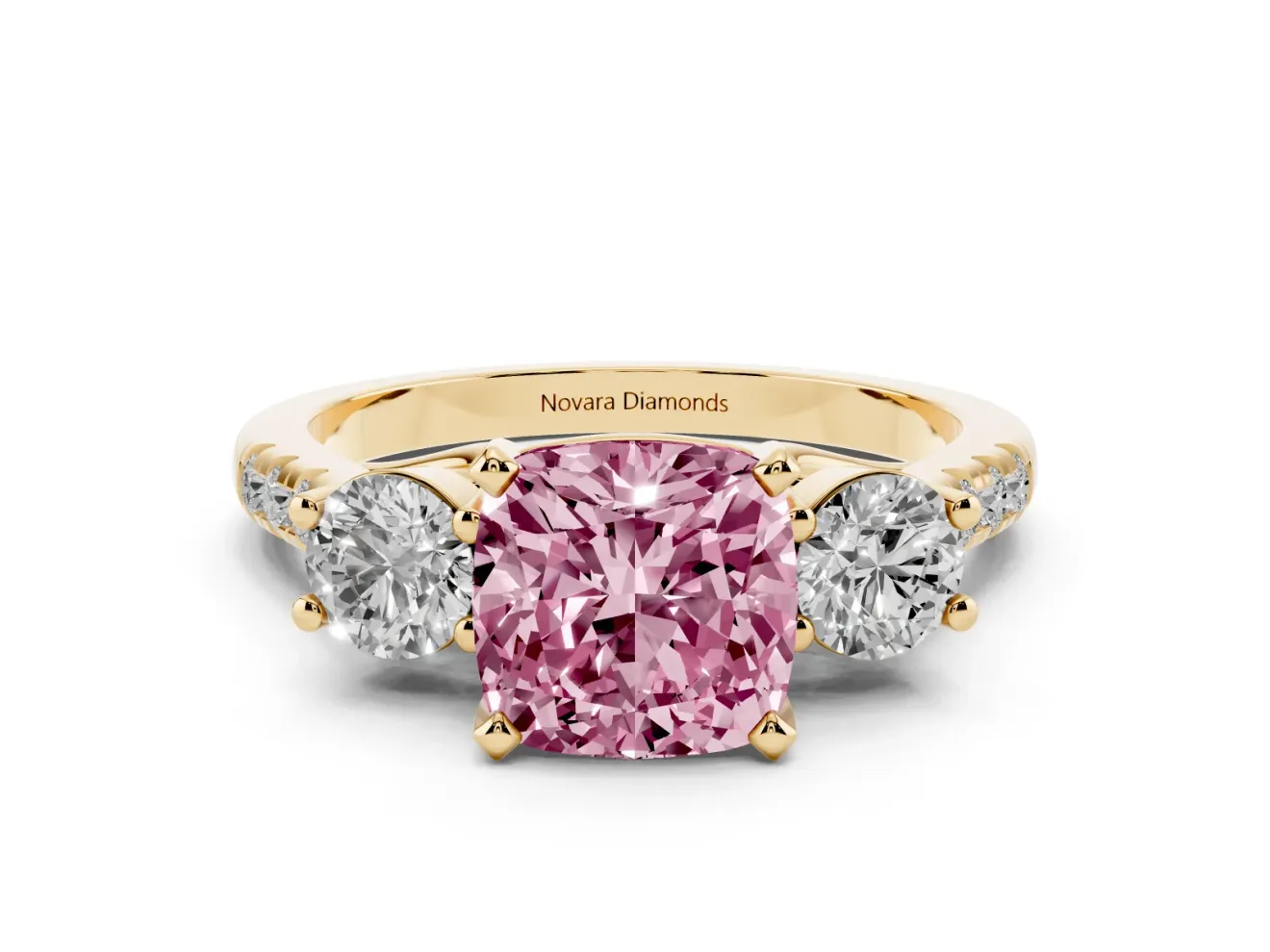 Cushion Cut Three-Stone Engagement Ring Setting for a Fancy Pink Lab-Grown Diamond | Yellow Gold