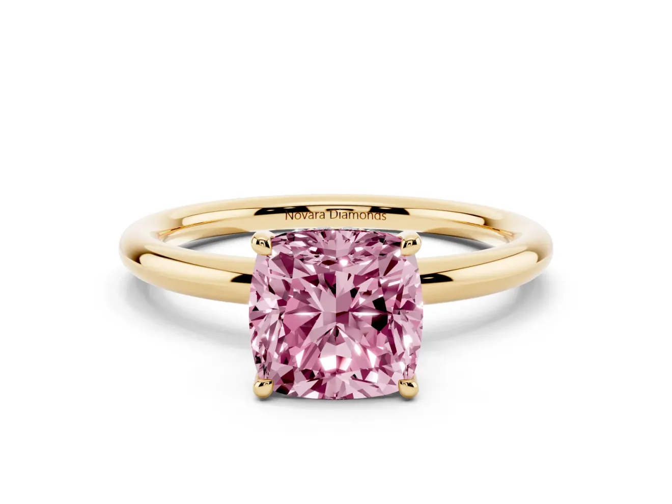 Fancy Pink Cushion Cut Diamond Solitaire Ring Set in Yellow gold with Thin Band and Prong Setting