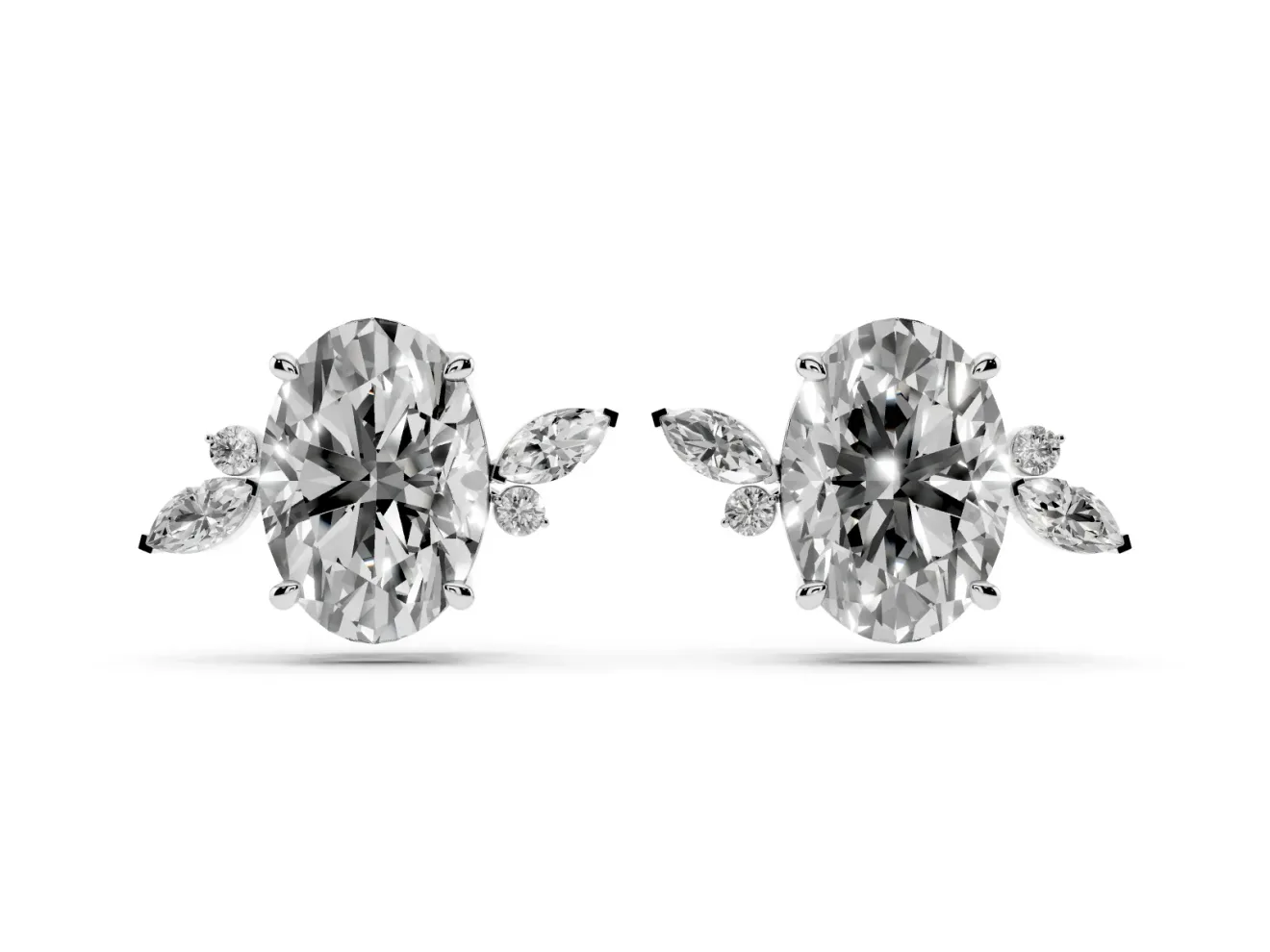 Oval Lab-Grown Diamond Nature Stud Earrings | Marquise Leaves | White Gold