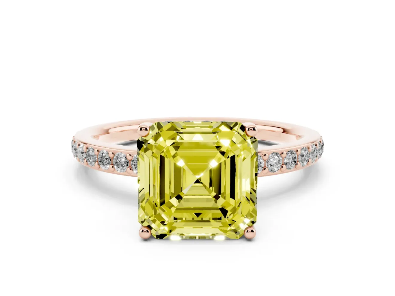 Fancy Yellow Asscher Cut Diamond Pavé Band Ring Set in Rose gold with Prong-Set Center Stone