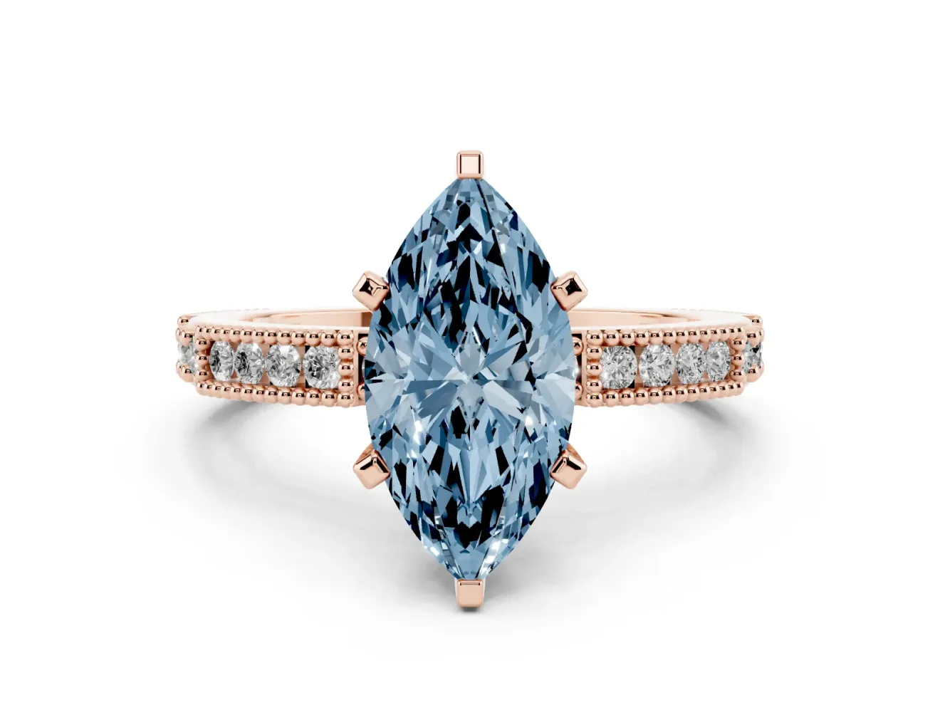 Fancy Blue Marquise Cut Diamond Solitaire Ring Set in Rose gold with Slim Pavé Band and Prong Setting