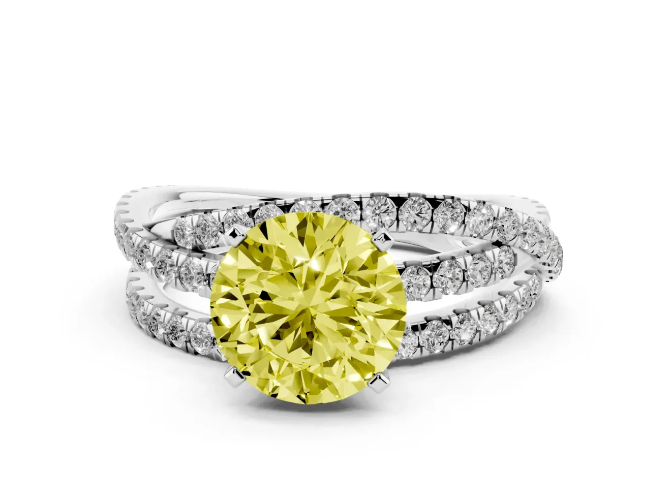 Fancy Yellow Round Cut Diamond Solitaire Twist Band Ring Set in Silver with Pavé Setting and Prong Head
