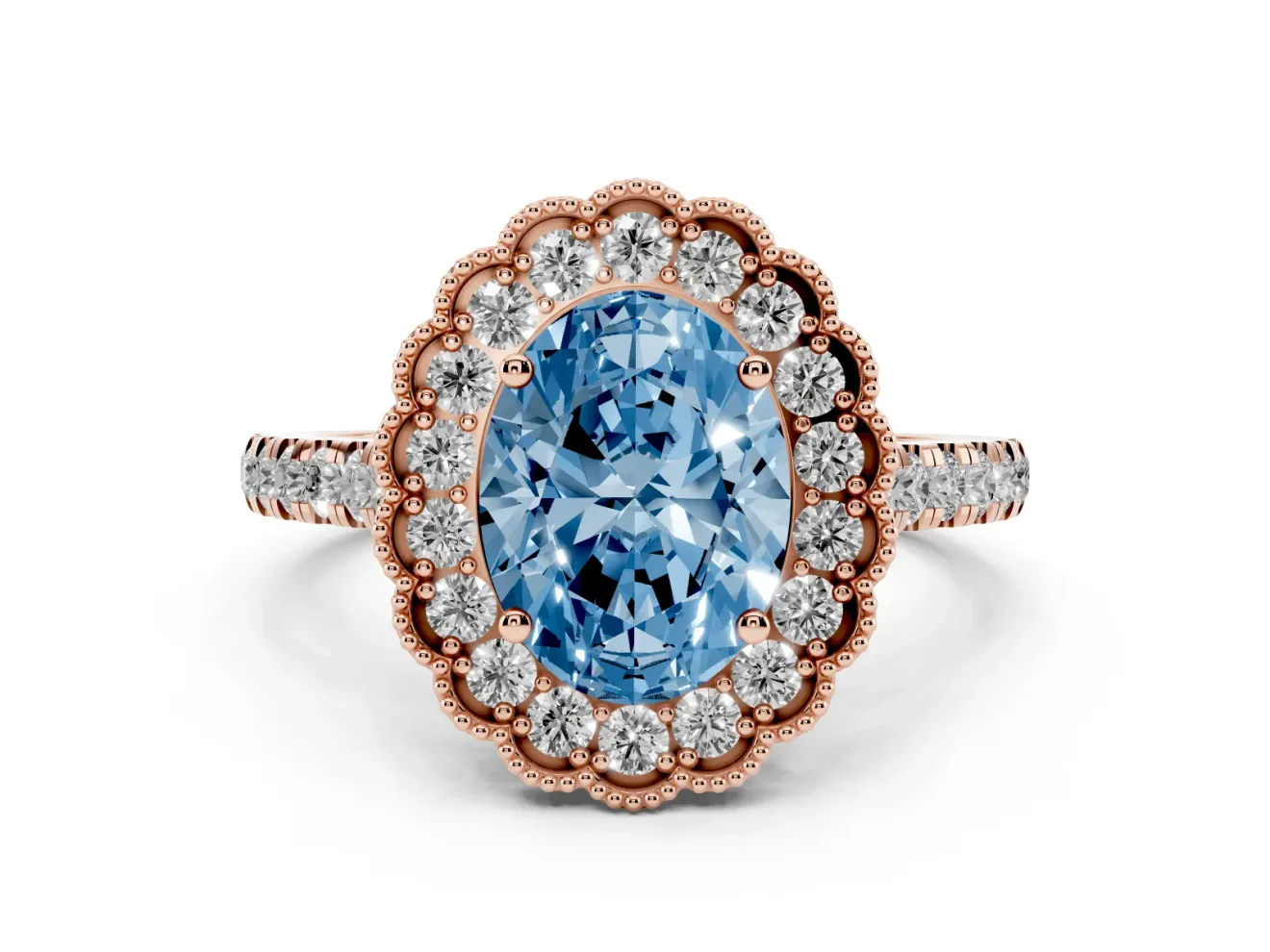 Fancy Blue Oval Cut Diamond Milgrain Floral Halo Engagement Ring Set in Rose gold with Pavé Band