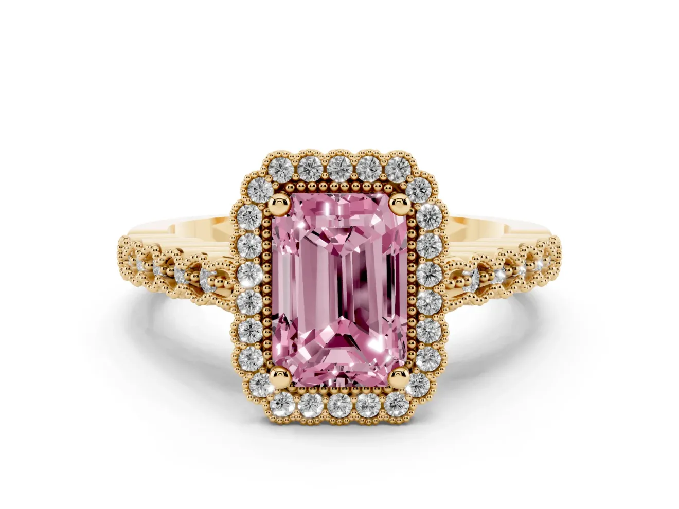 Radiant Cut Milgrain Halo Engagement Ring Setting for a Fancy Pink Lab-Grown Diamond | Beaded Shoulders | Yellow Gold