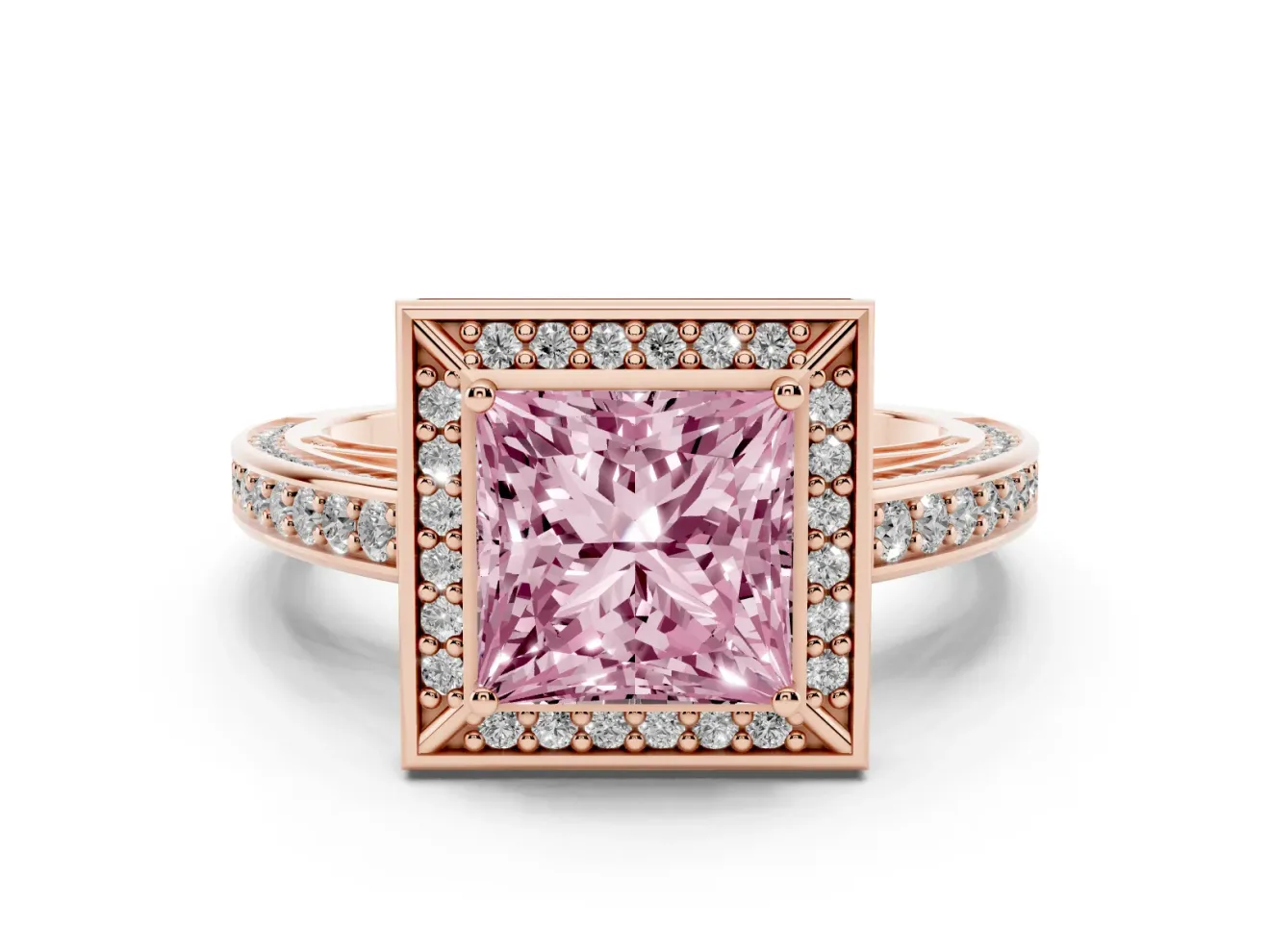 Fancy Pink Princess Cut Diamond Halo Pavé Split Shank Ring Set in Rose gold with Prong Setting