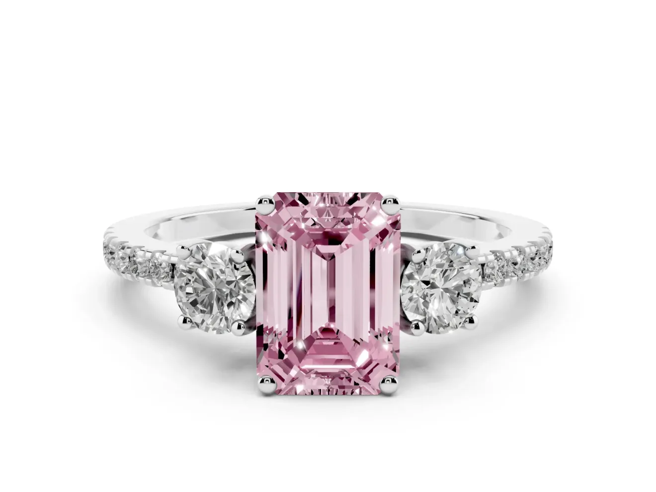 Emerald Cut Three Stone Engagement Ring Setting for a Fancy Pink Lab-Grown Diamond | Pave Shoulders | Sterling Silver