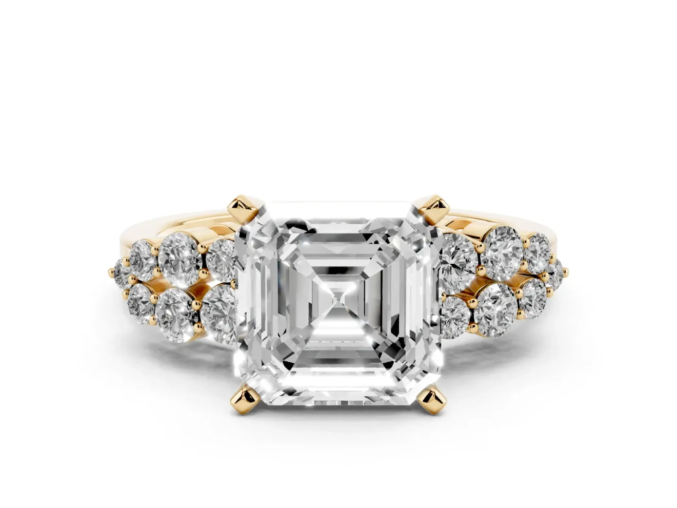 Asscher Cut Diamond Cluster Engagement Ring Set in Yellow gold with Pavé Band and Prong Setting
