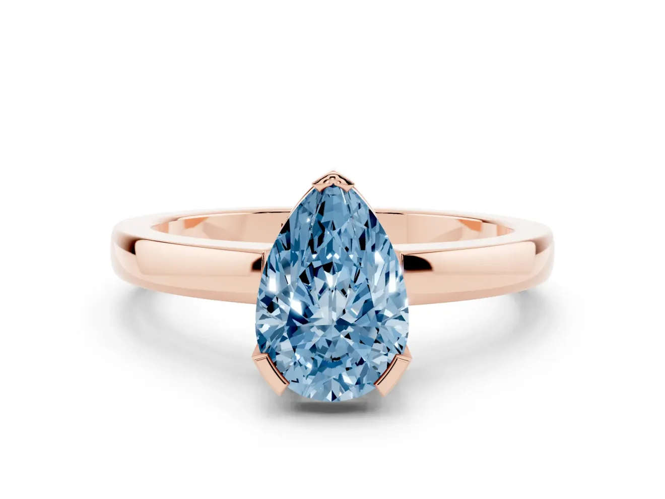 Fancy Blue Pear Cut Diamond Solitaire Ring Set in Rose gold with Prong Head and Smooth Polished Band