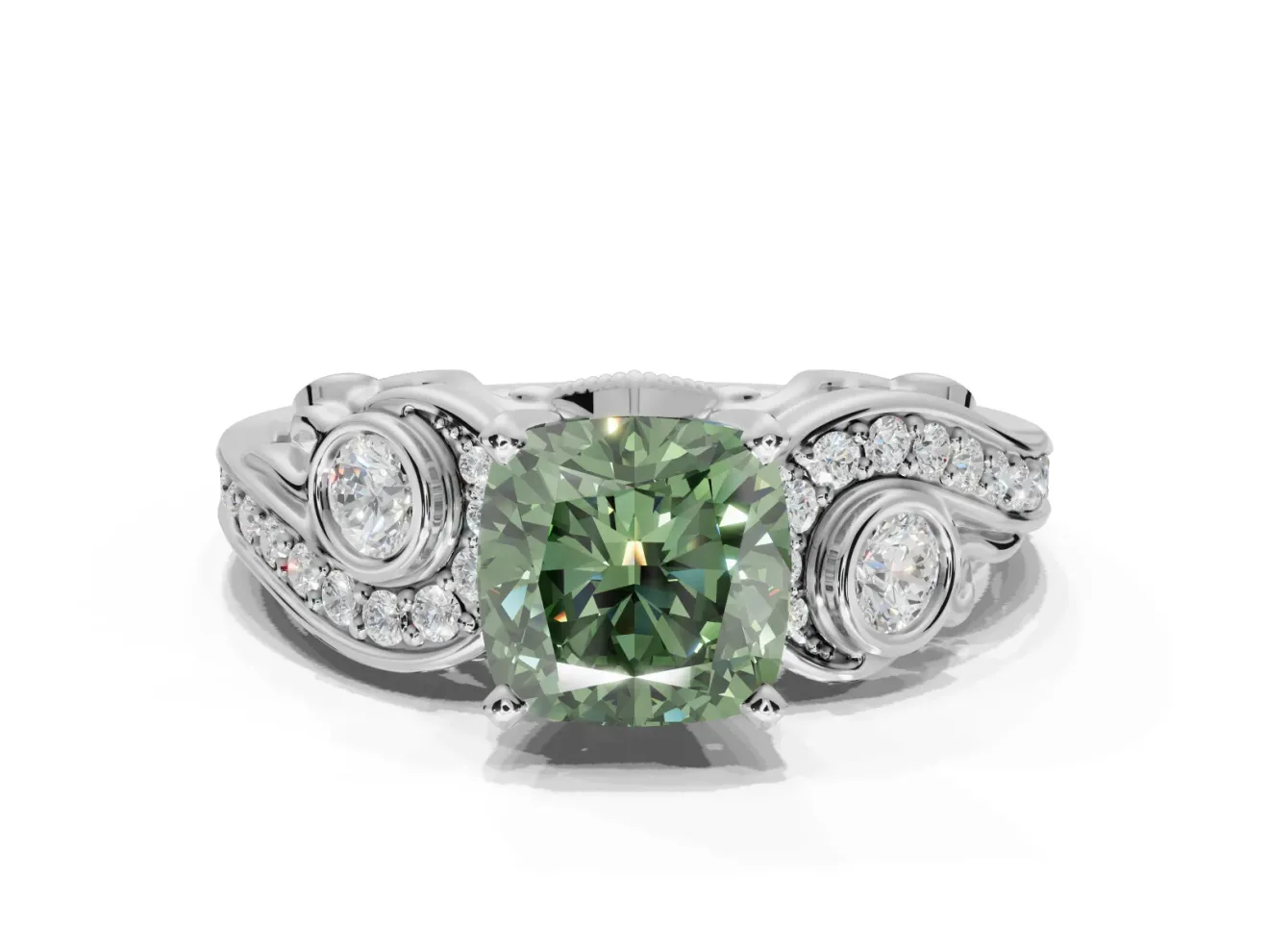 Cushion Cut Swirl Engagement Ring Setting for a Fancy Green Lab-Grown Diamond | Platinum