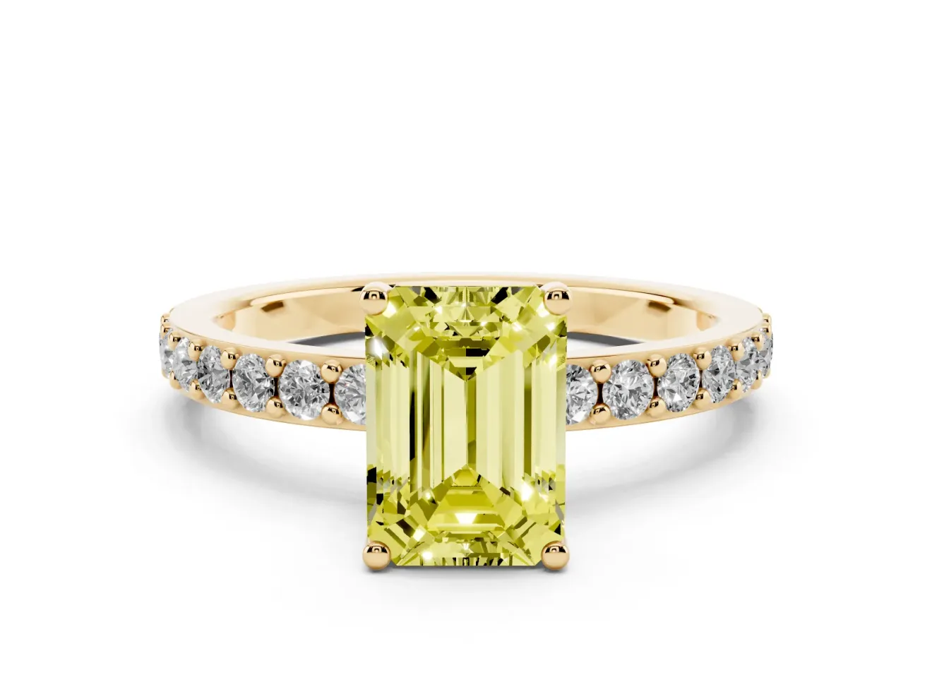 Fancy Yellow Emerald Cut Diamond Solitaire Set in Yellow gold with Round Pavé Band and Prong Setting