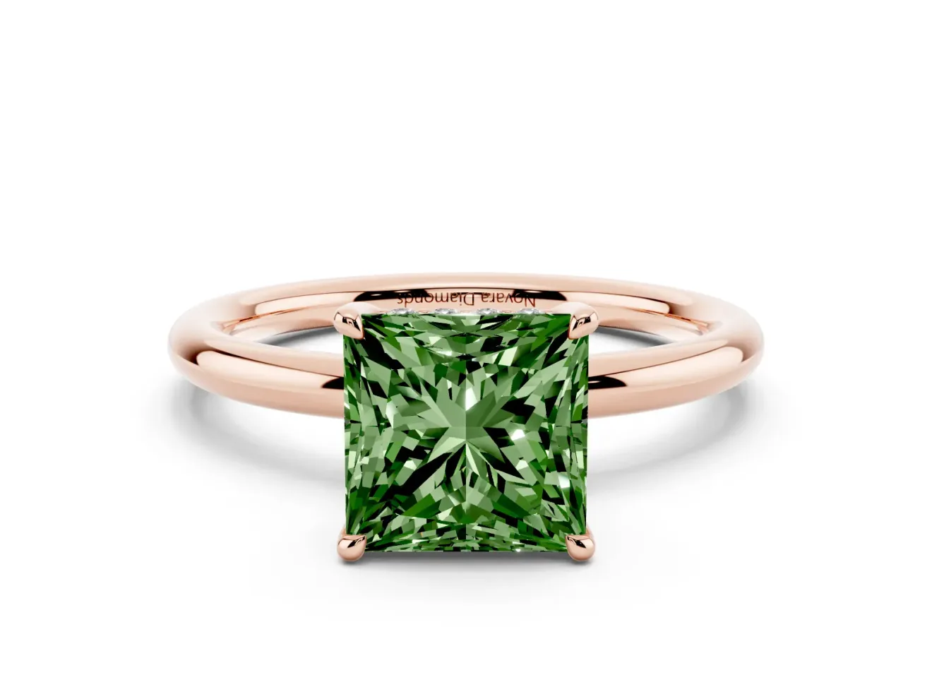 Fancy Green Princess Cut Diamond Solitaire Ring Set in Rose gold with Thin Band and Prong Setting