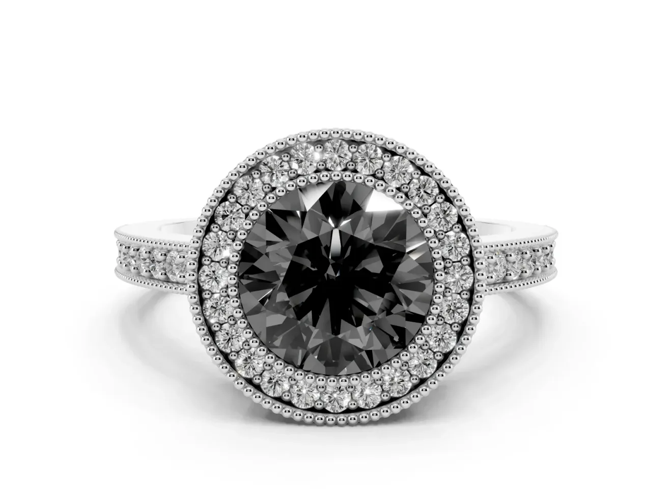Fancy Black Round Cut Diamond Halo Engagement Ring Set in Platinum with Pavé Band and Round Halo Stones